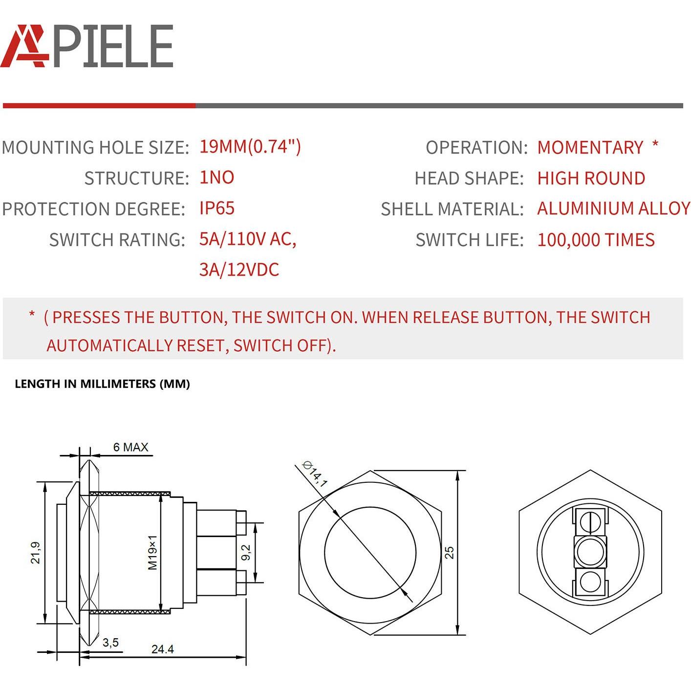 Interruptor Momentáneo APIELE 19mm 5A IP65 Carcasa Negra