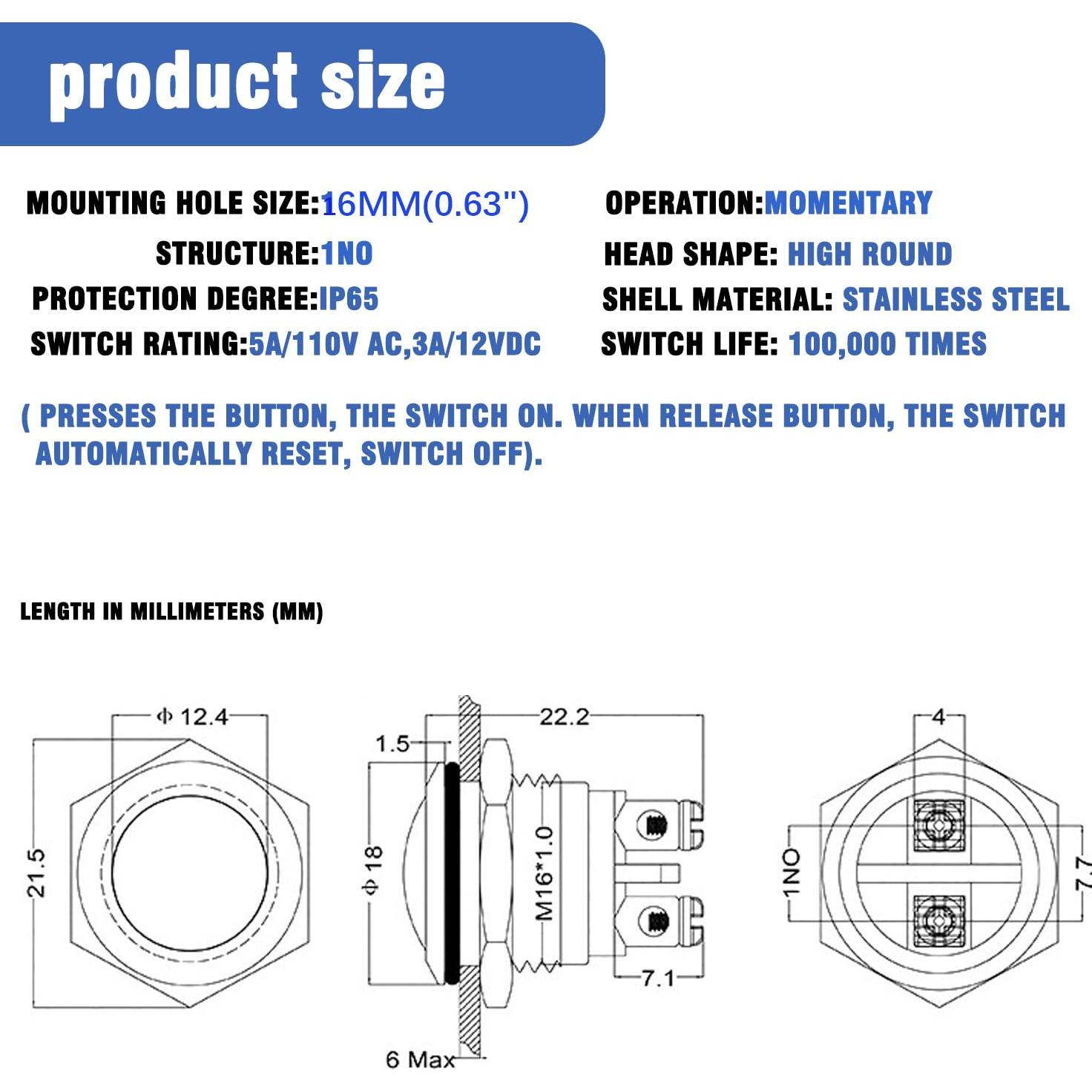 Interruptor de Botón Metálico Lhazemu 16mm 10PCS Automático