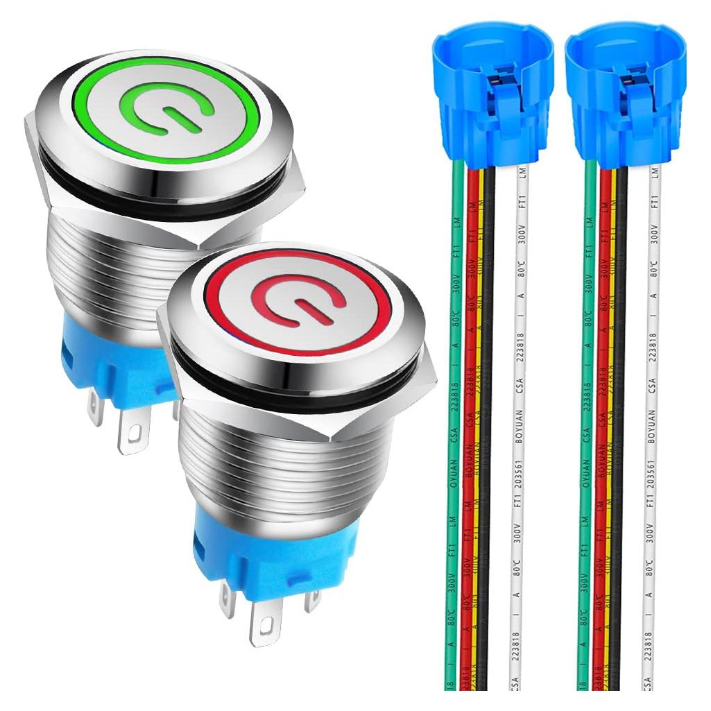 Interruptor Pulsador Acero Inoxidable 19mm LED Rojo Verde 12V-24V