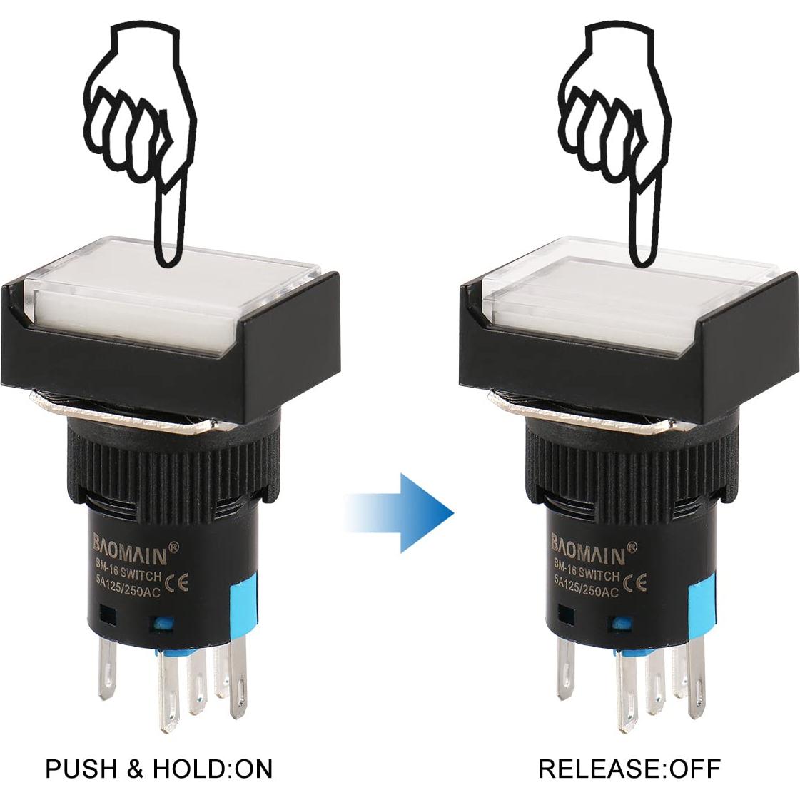 Interruptor de Botón Momentáneo Baomain 16mm 5 Pines DC 12V