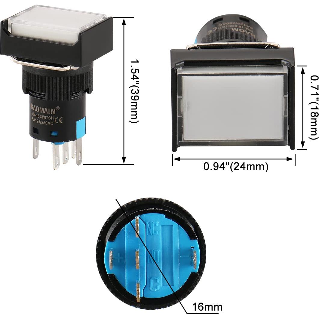 Interruptor de Botón Momentáneo Baomain 16mm 5 Pines DC 12V