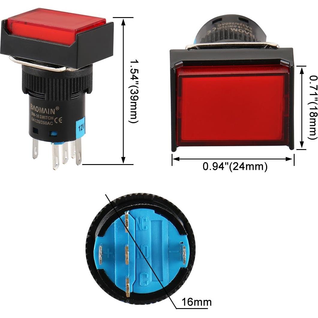 Interruptor Momentáneo Baomain 16mm Luz LED Roja DC 12V