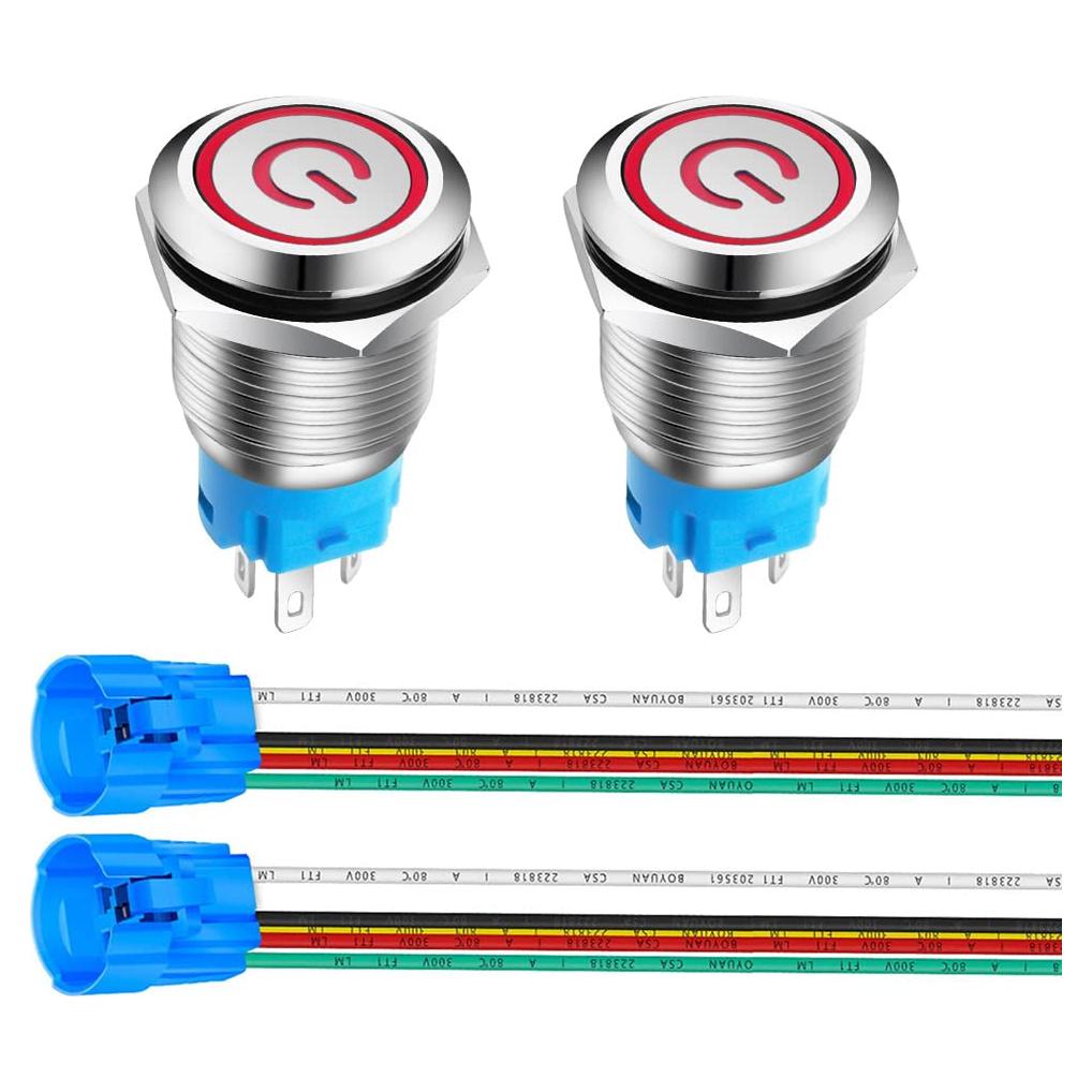 Interruptor de Botón de Presión Acero Inoxidable 16mm 12V-24V LED Rojo