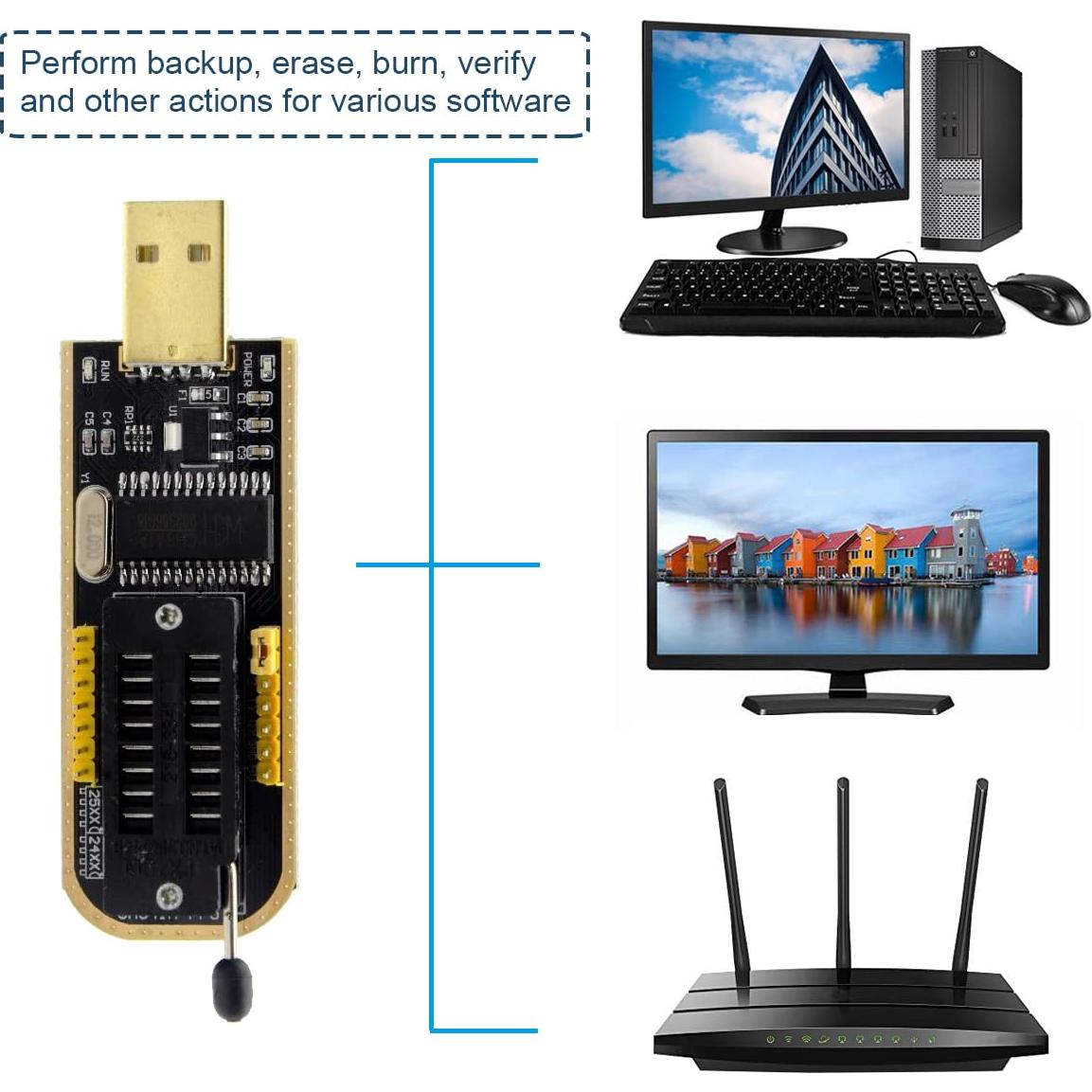 Programador USB CH341A para EEPROM Flash BIOS 24 25 con Clip SOIC8