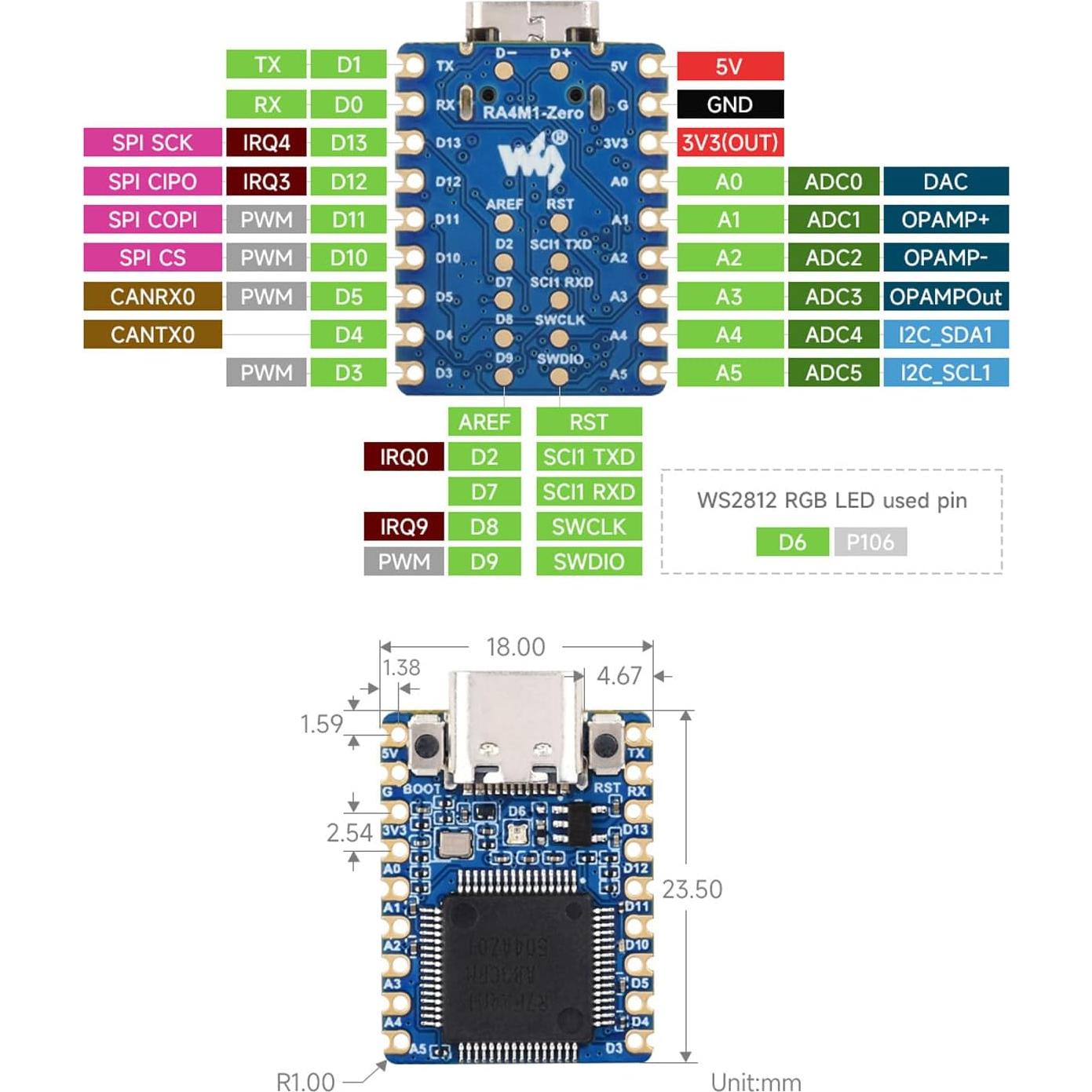 Placa de Desarrollo Waveshare RA4M1-Zero 32-Bit 48MHz FPU