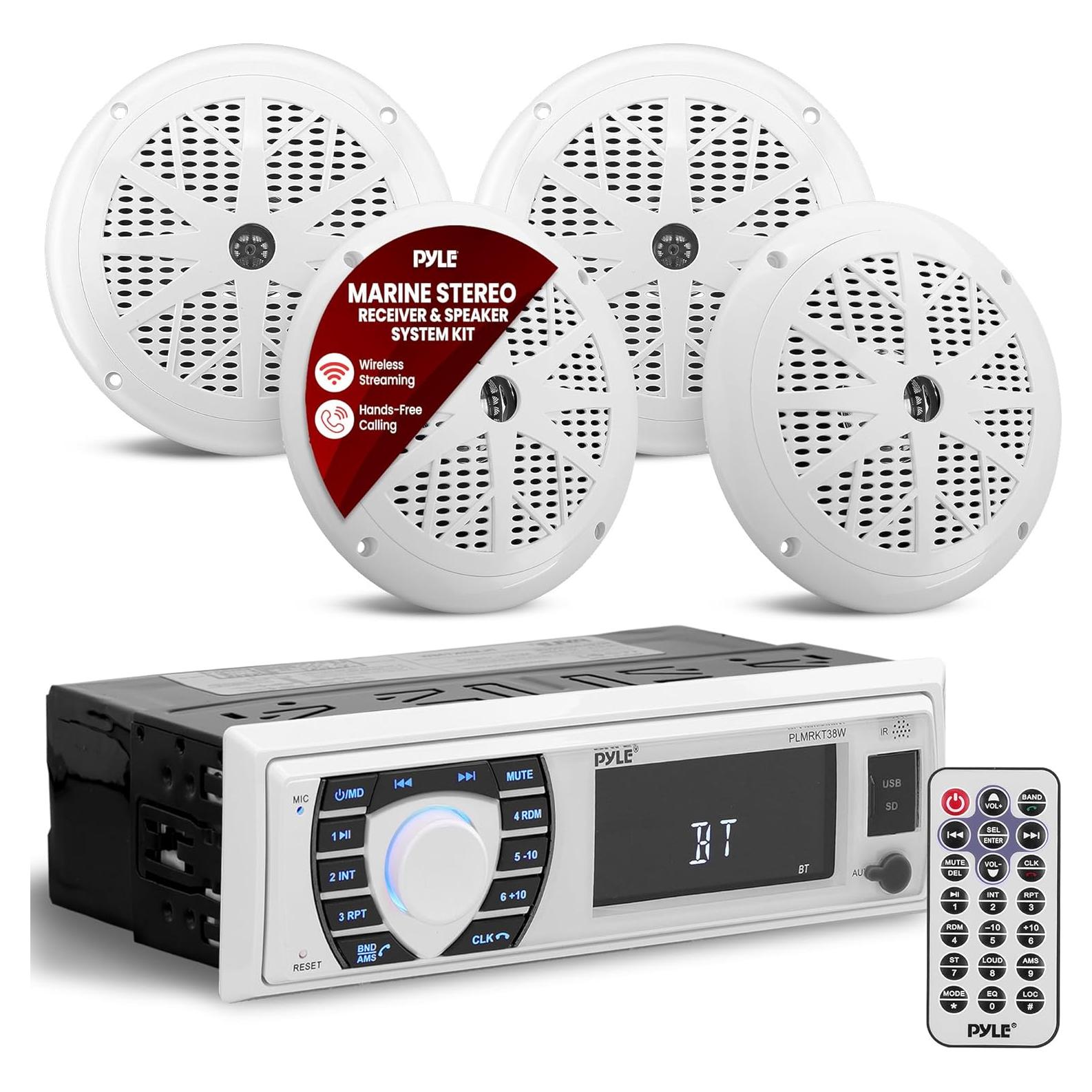 Receptor de Radio Marina Pyle PLMRKT38W Bluetooth 12V con 4 Altavoces