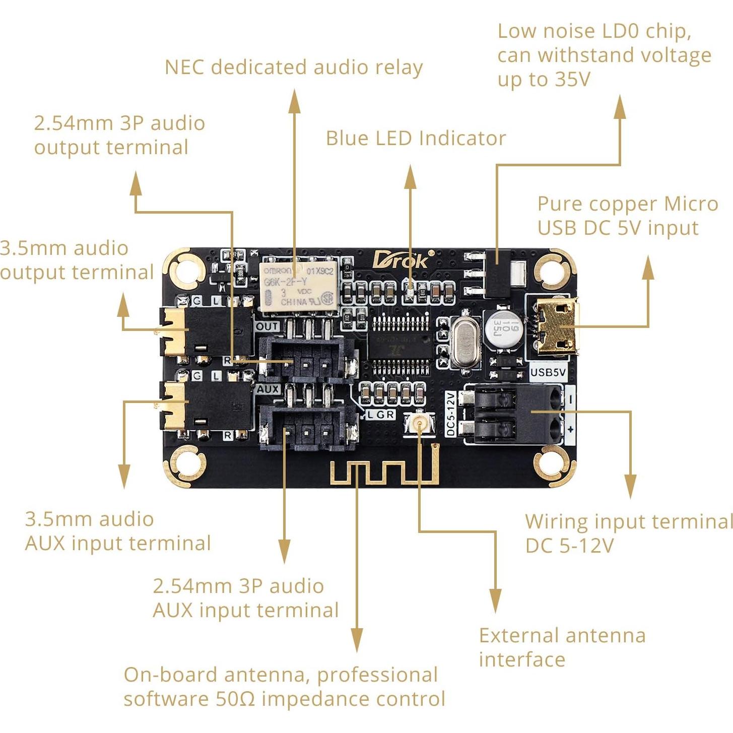 Receptor de Audio Bluetooth DROK 5V-12V Estéreo Inalámbrico