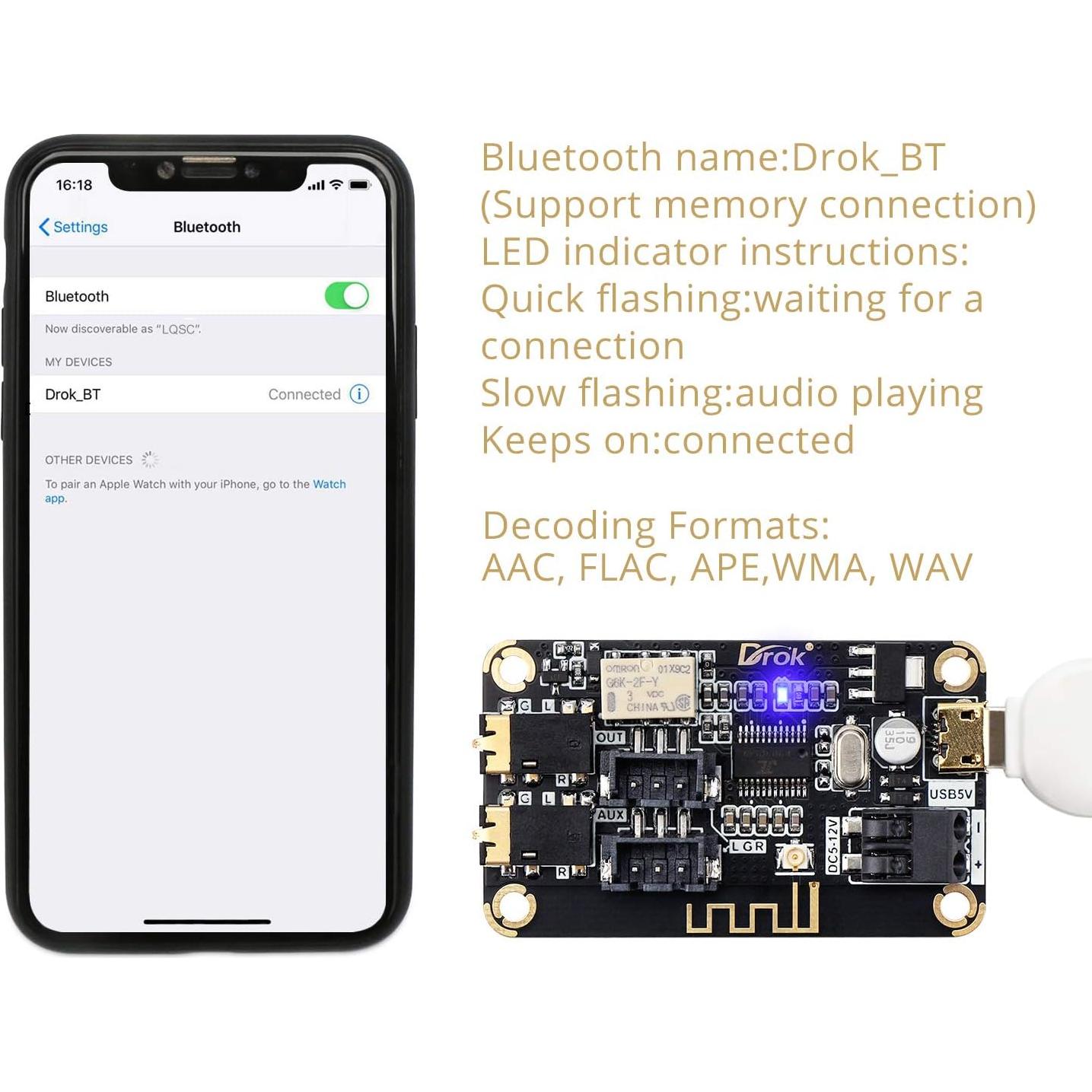 Receptor de Audio Bluetooth DROK 5V-12V Estéreo Inalámbrico