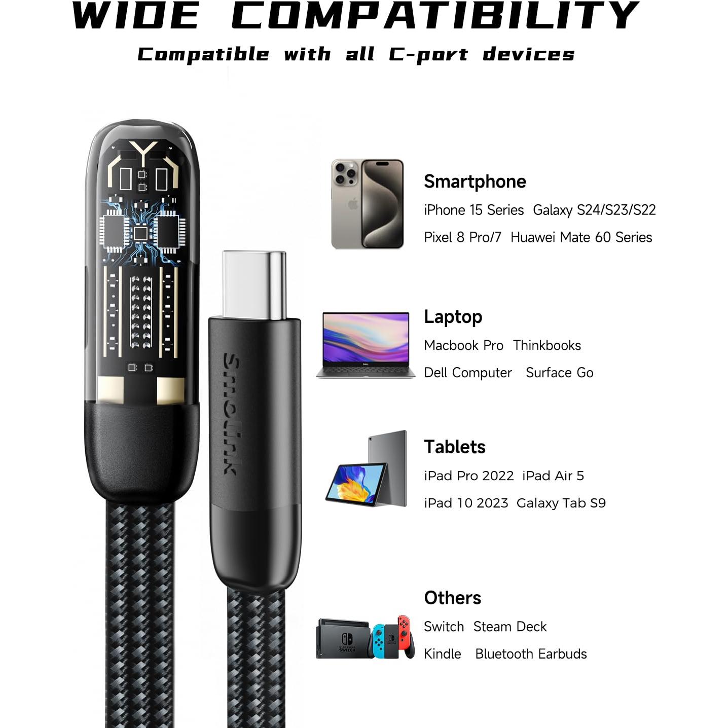 Cable USB C en ángulo recto Smolink 10FT 2-pack carga 100W