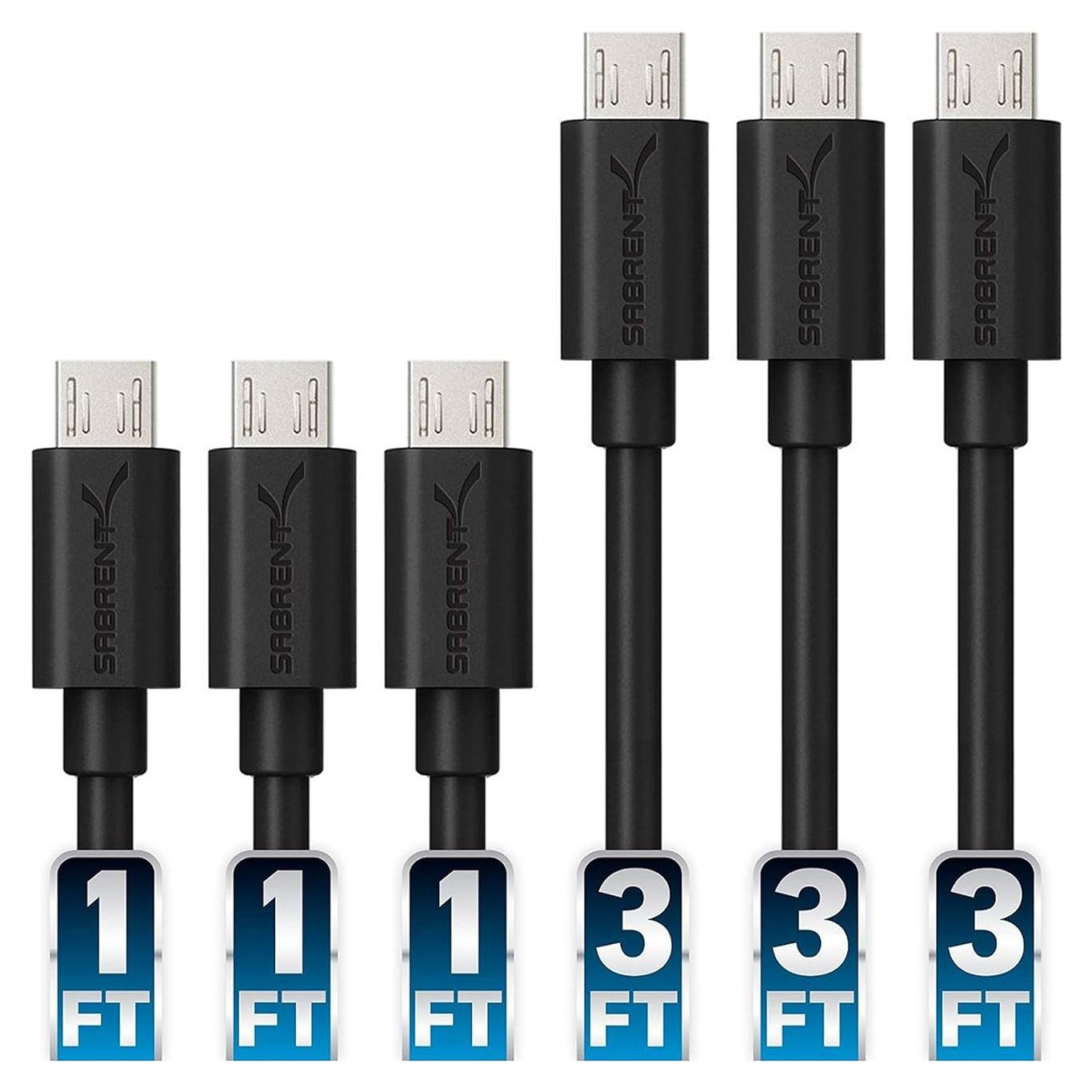 Cables Micro USB SABRENT 6-Pack 0.30m y 0.91m Carga Rápida