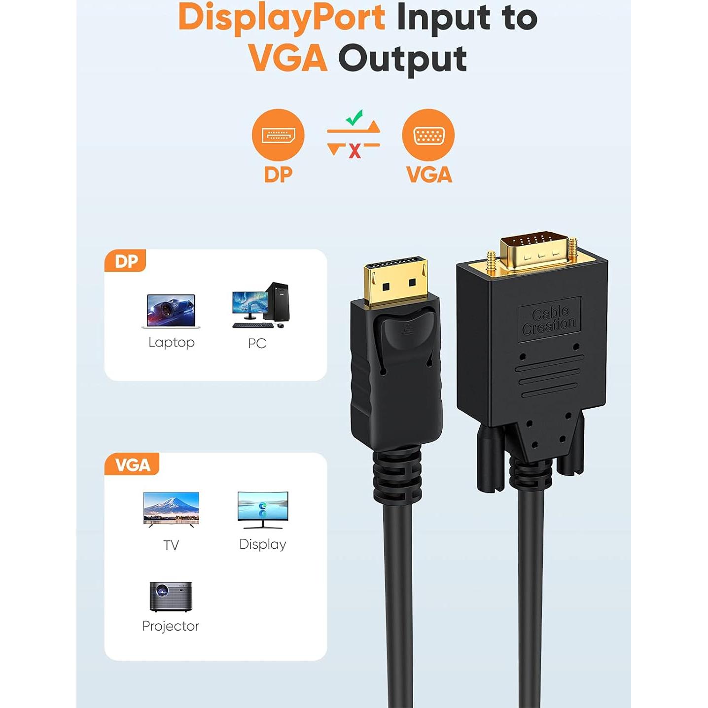Cable DisplayPort a VGA 6 Pies CableCreation Paquete de 2
