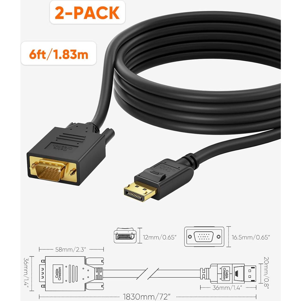 Cable DisplayPort a VGA 6 Pies CableCreation Paquete de 2