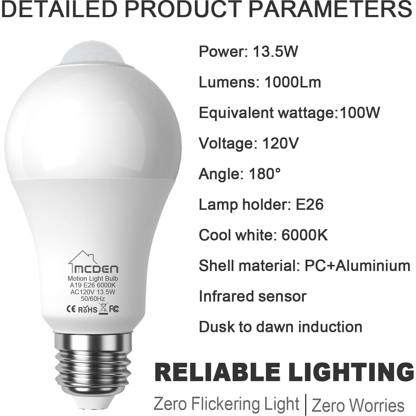 Bombilla LED McDen con Sensor de Movimiento E26 6000K 4 Pzas