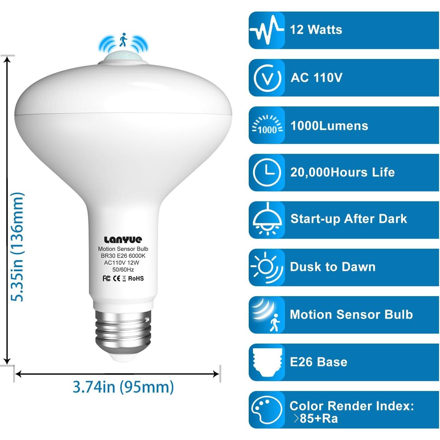 Bombilla LED BR30 12W con Sensor de Movimiento E26 6000K