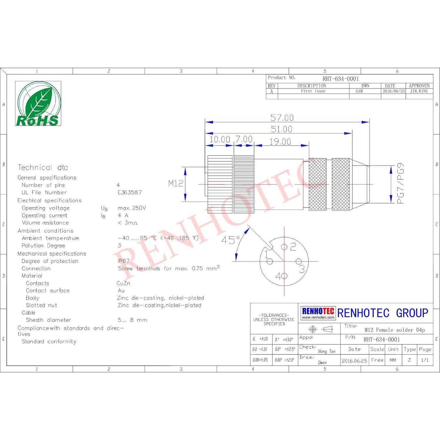 Conector Profibus M12 Hembra A-Code 4 Pines Recto IP68