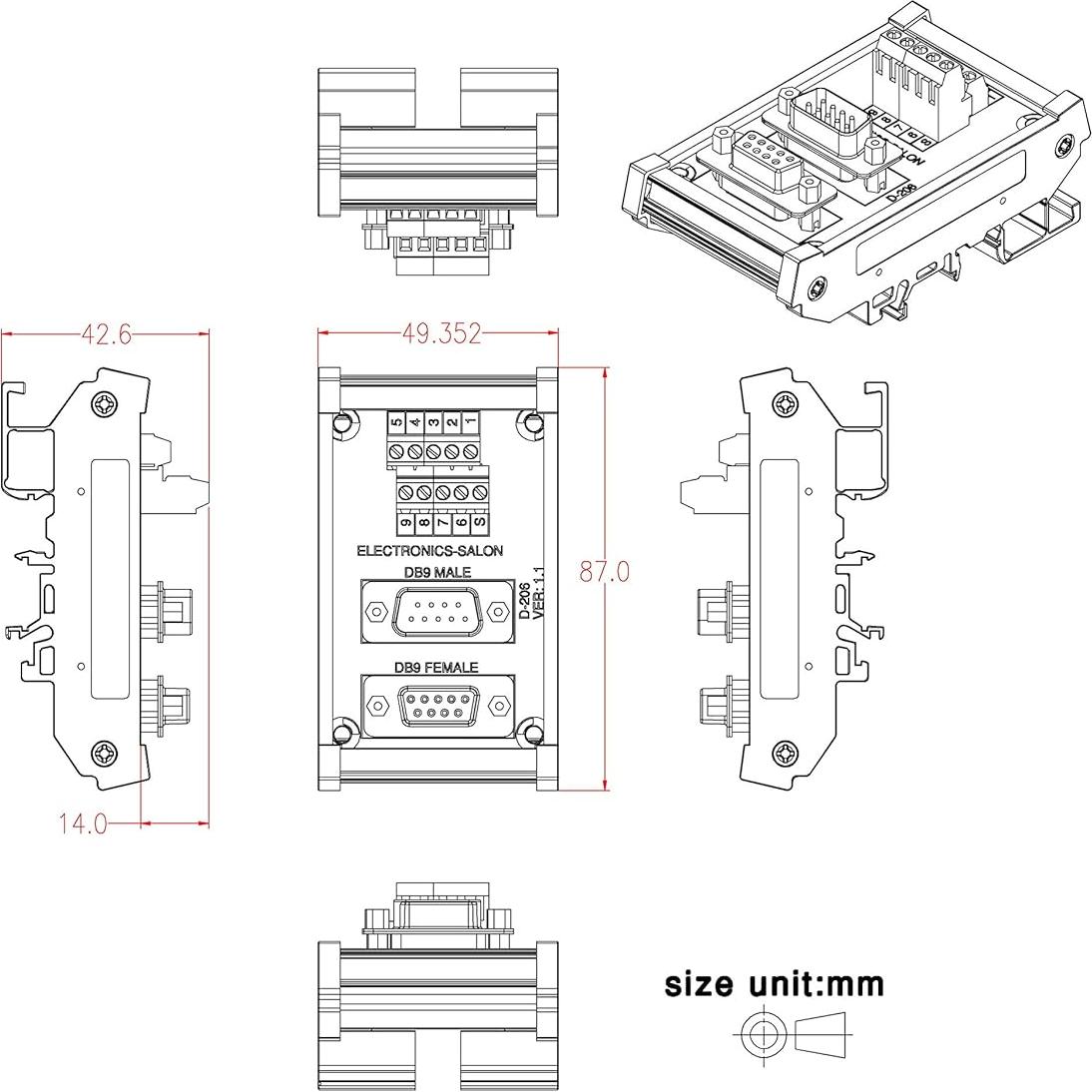 Módulo de Interfaz DB9 Electronics-Salon Montaje en Riel DIN