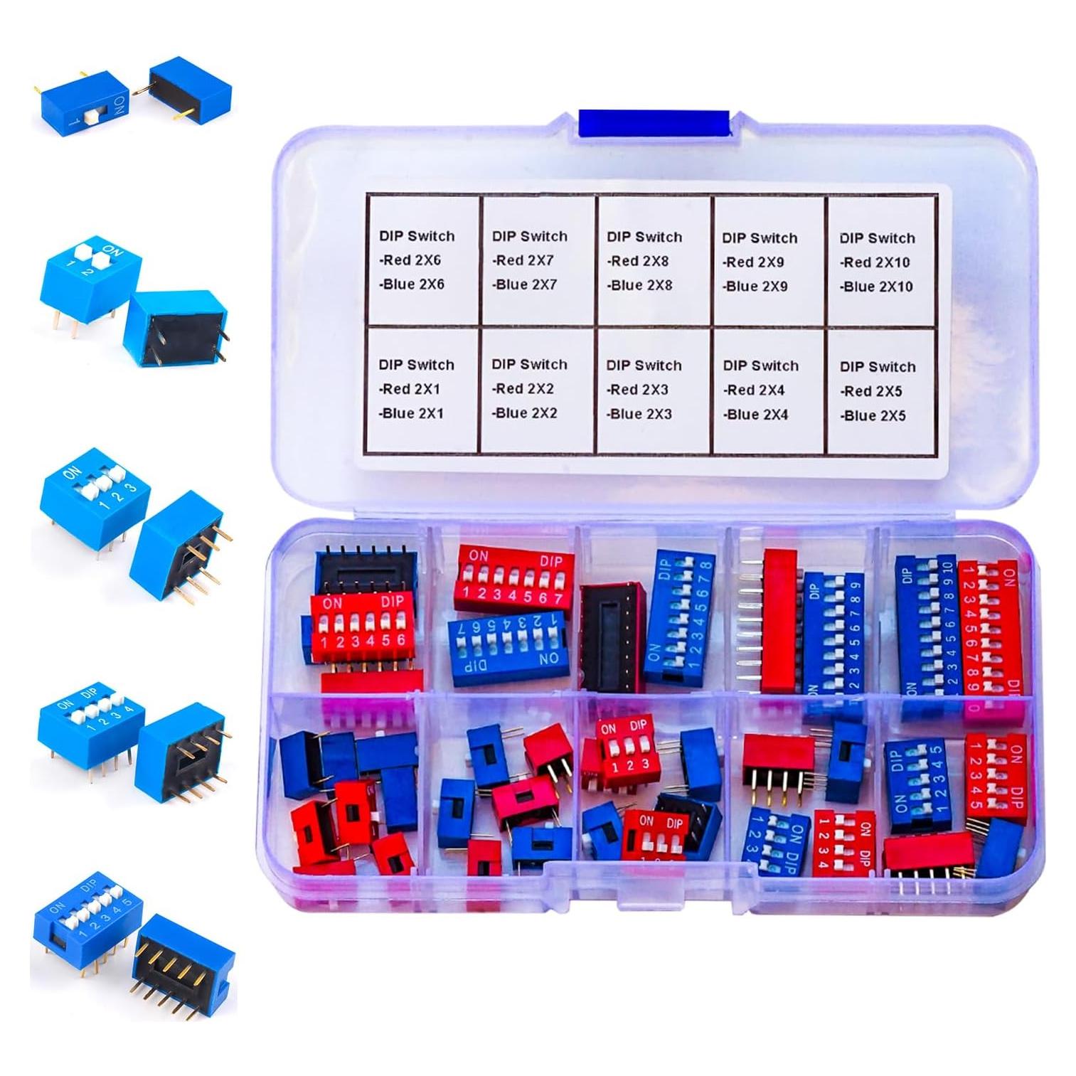 Kit de Interruptores DIP JTSINERU 40pcs 2.54mm Rojos y Azules