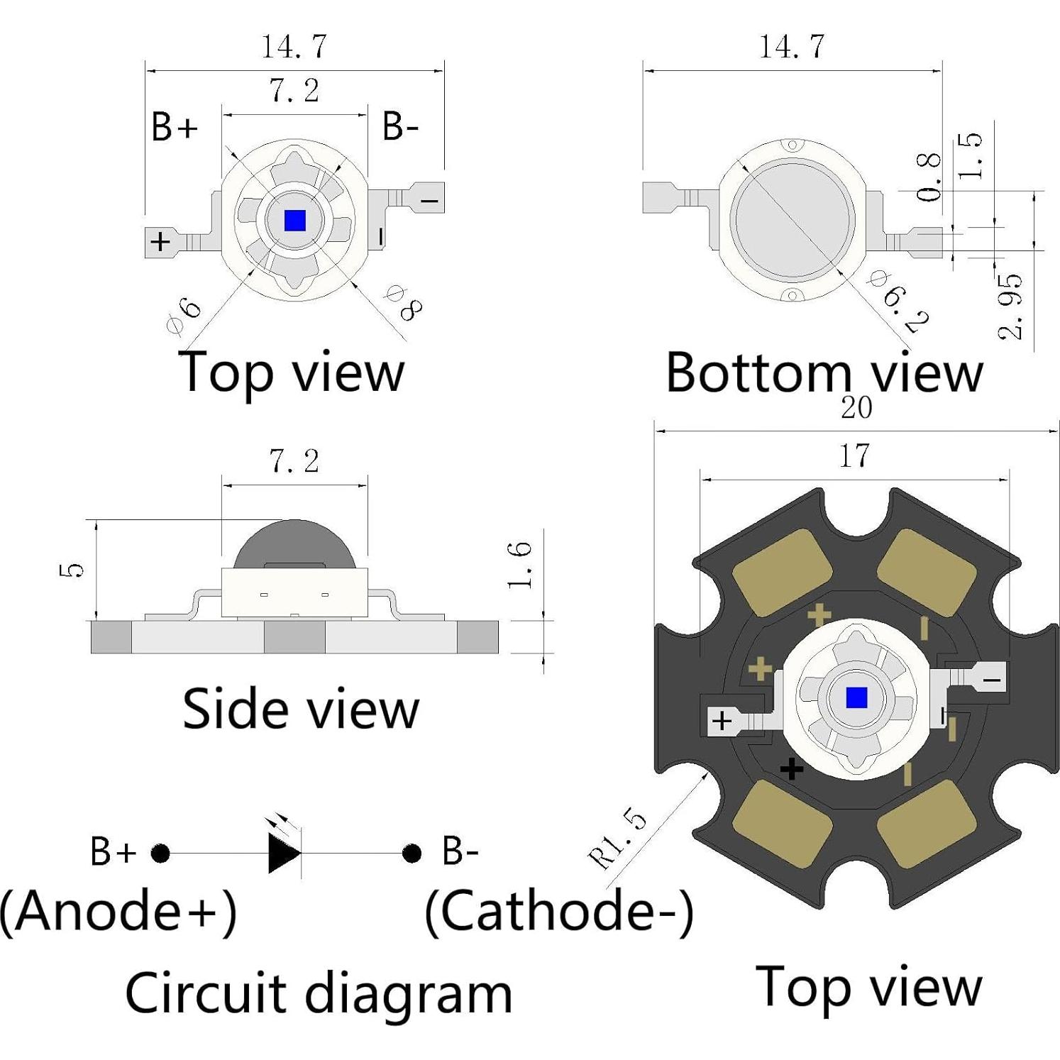 5 Chips LED Azul 3W con Placa de Aluminio 20mm - LEDGUHON