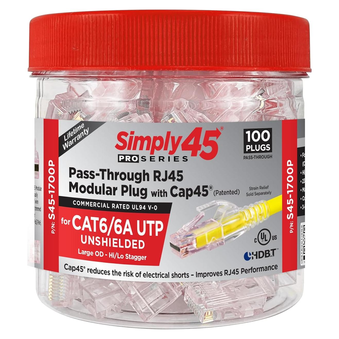 Conectores RJ45 Modulares Pasantes Simply45 S45-1700P - 100 Piezas