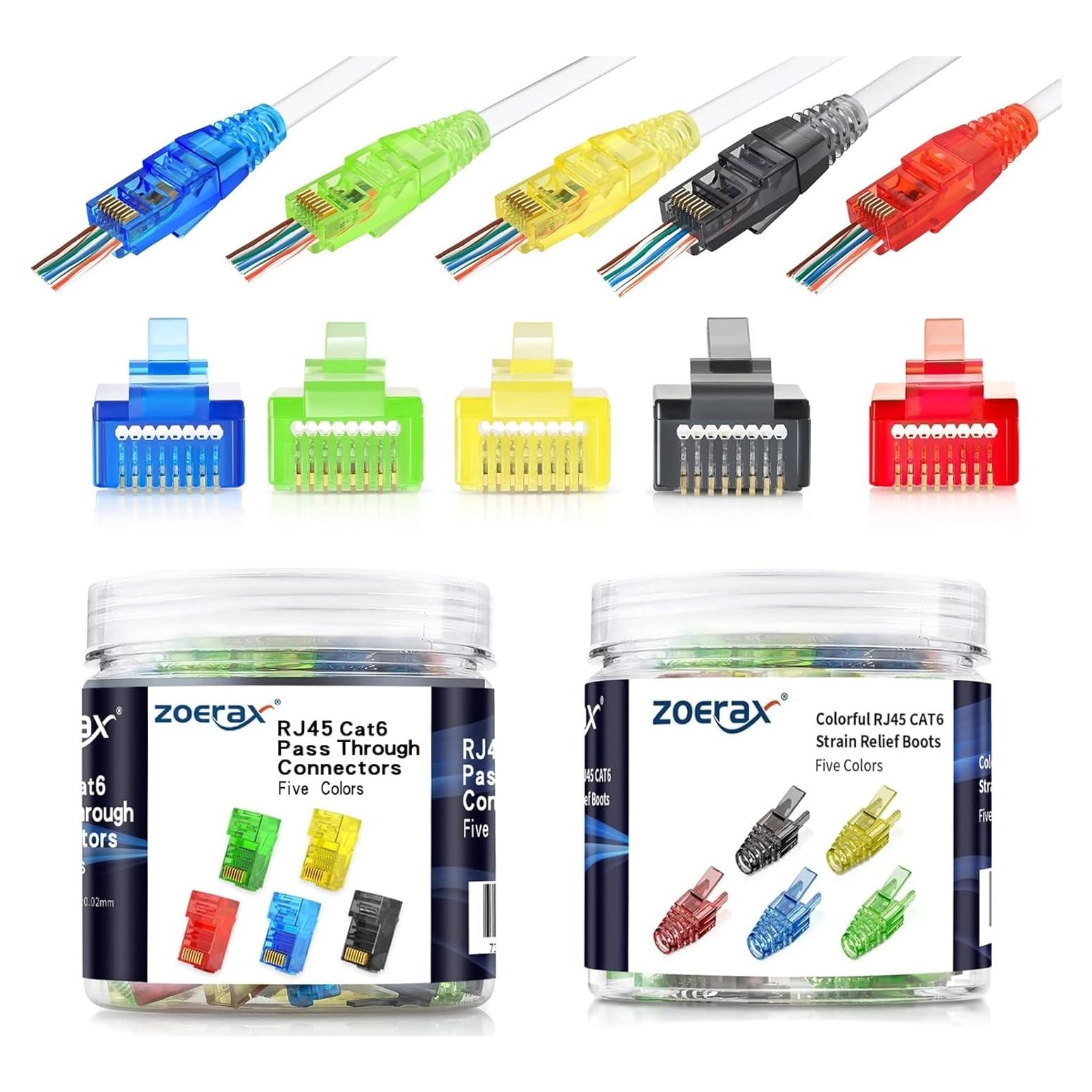 Conectores RJ45 Passthrough Cat6 ZOERAX 100-Pack con Botas