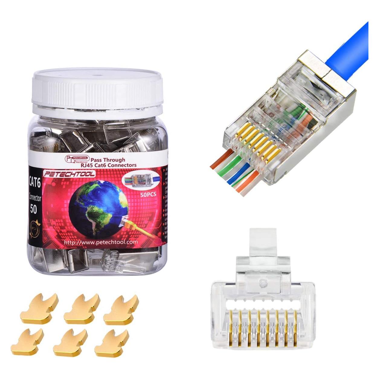 Conectores RJ45 blindados Cat5 Cat6 50 piezas PETECHTOOL