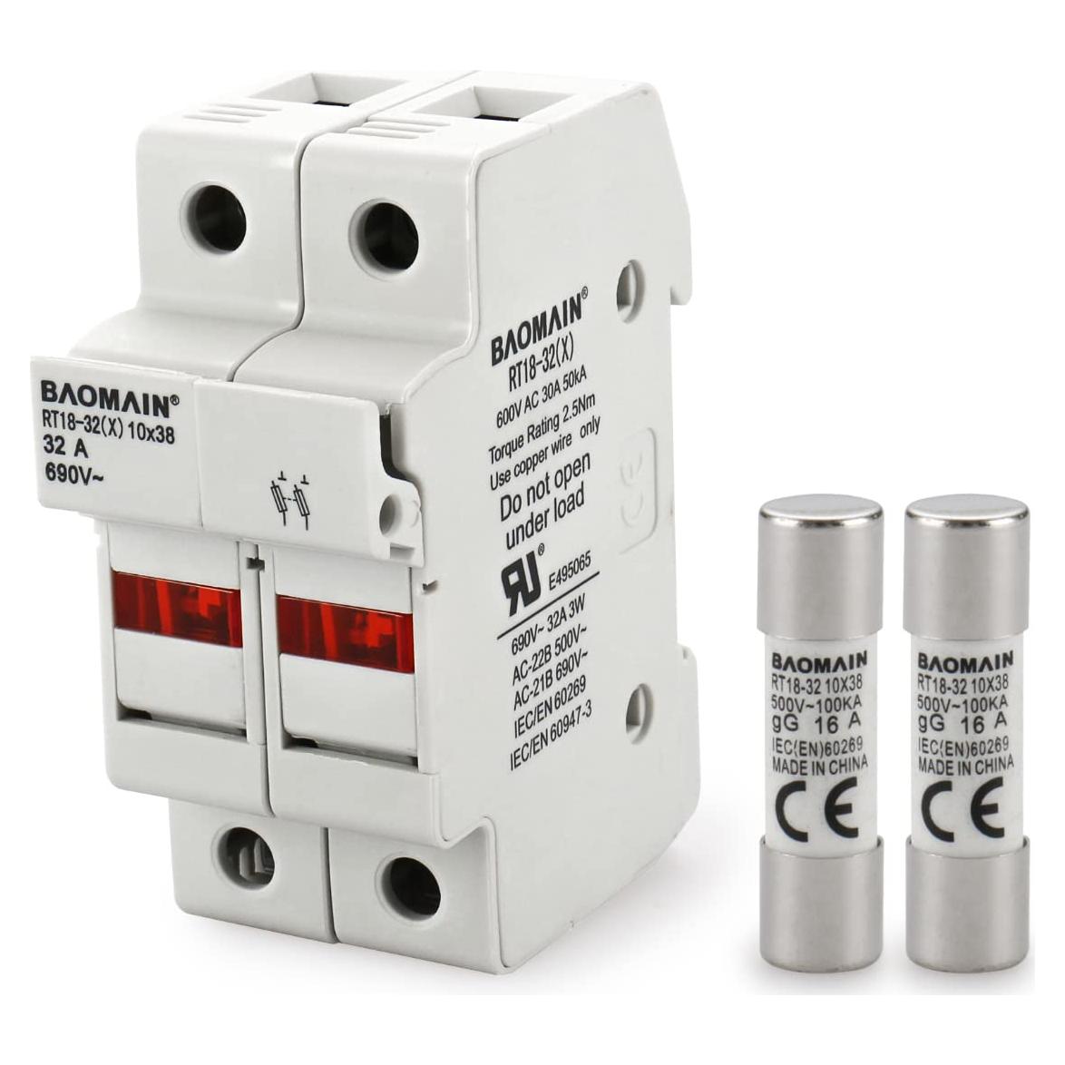 Soporte de Fusible Cilíndrico Baomain RT18-32 16A 2 Polos DIN