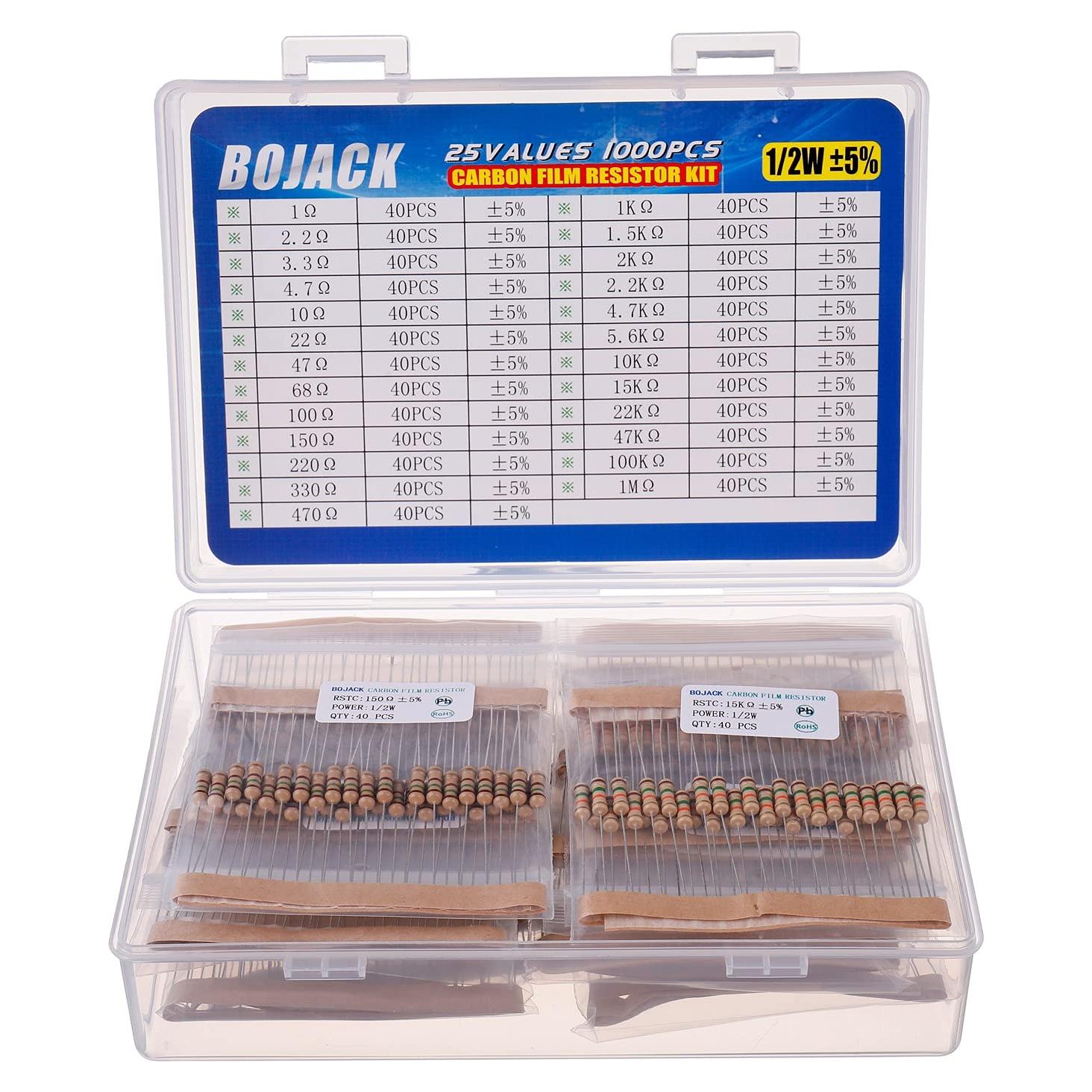 Kit de Resistencias BOJACK 1000 Pcs 25 Valores 1 Ohm-1M Ohm 1/2W