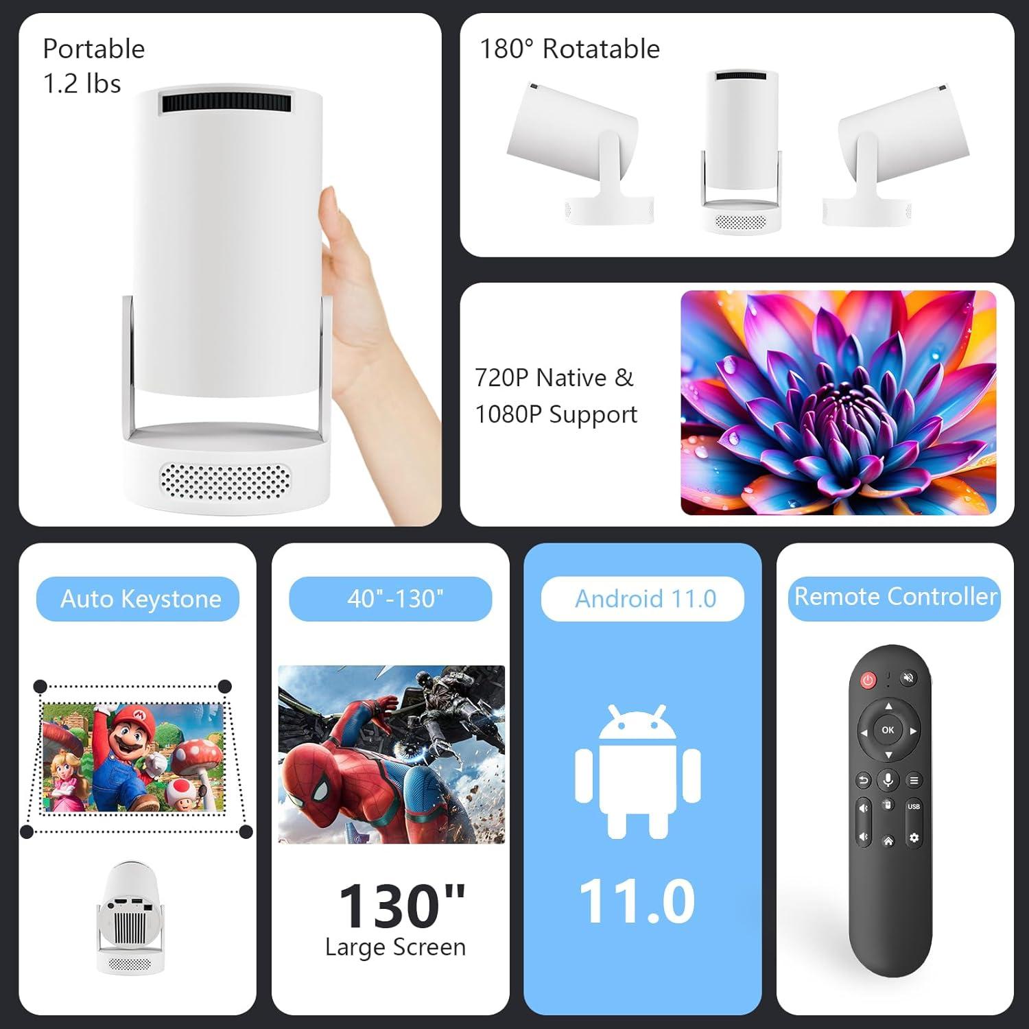 Mini Proyector VNEIMQN Android TV 11.0 1080P Portátil WiFi