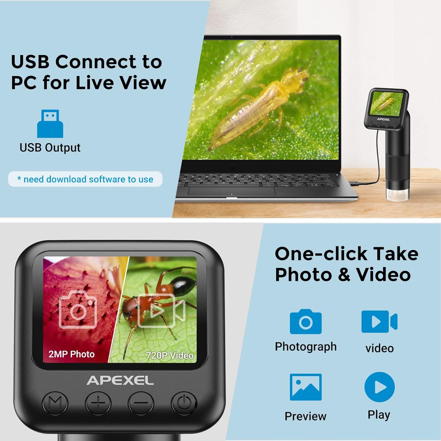 Microscopio Digital APEXEL 800X con Pantalla LCD 2" y LED