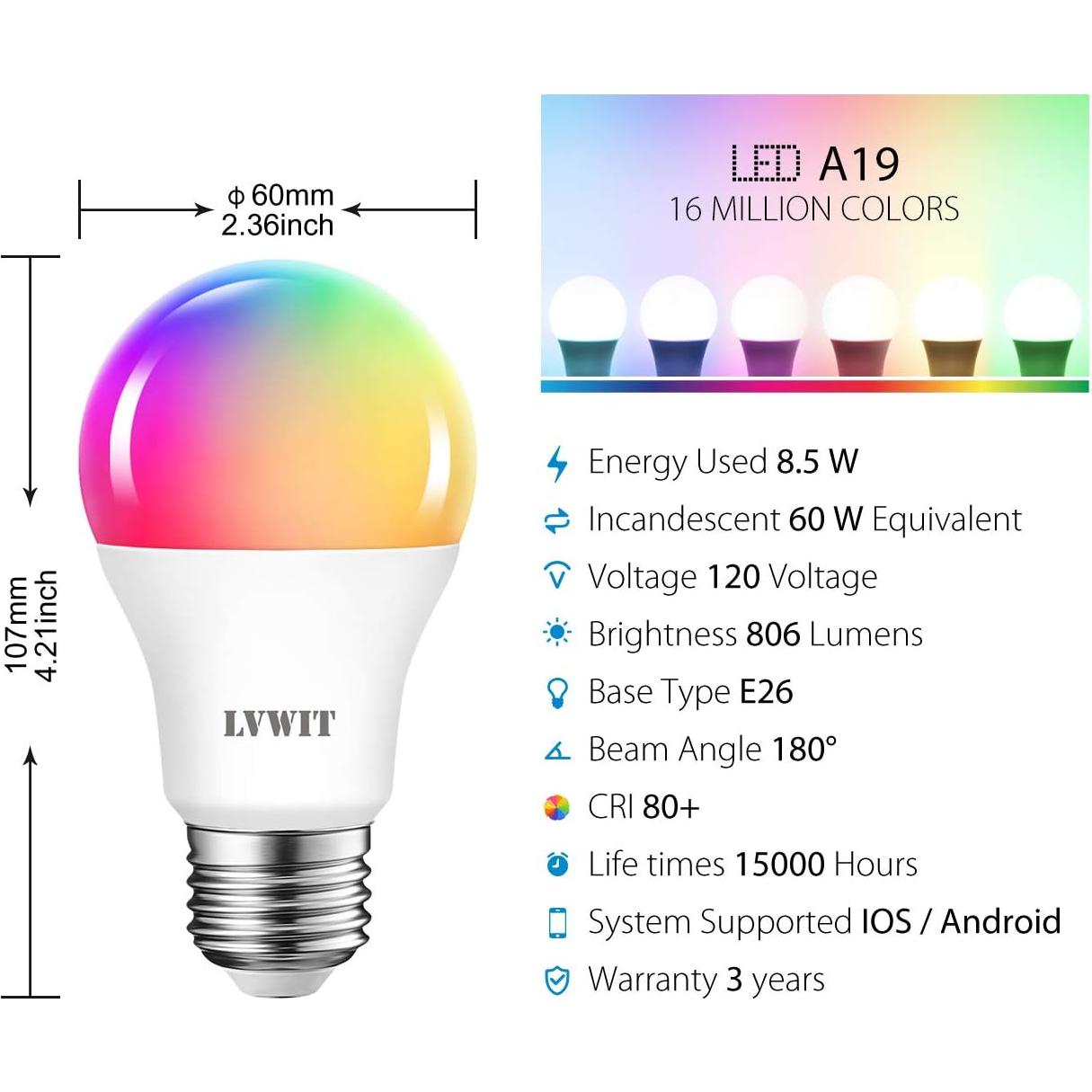 Bombillas Inteligentes LVWIT A19 LED RGB 8.5W E26 - Paquete de 4