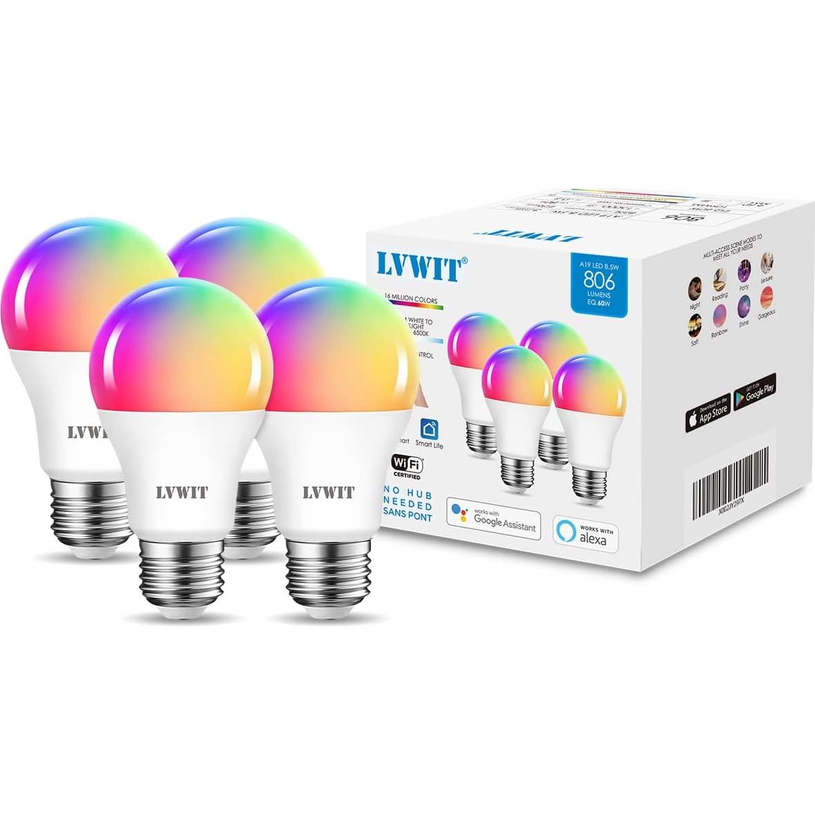Bombillas Inteligentes LVWIT A19 LED RGB 8.5W E26 - Paquete de 4