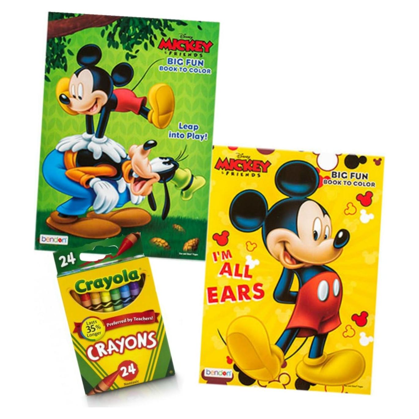Disney Mickey Mouse & Friends Coloring Book Bundle - 2 Coloring Books 24 Crayola Crayons