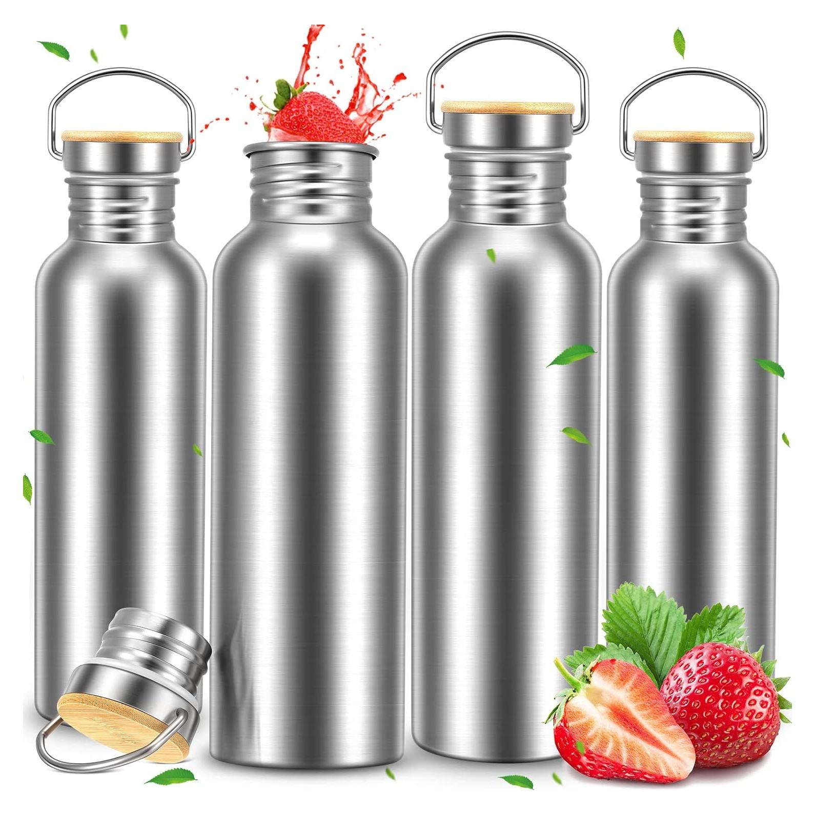 4 Botellas de Agua Acero Inoxidable CHENGU 1000 ml con Tapa de Bambú