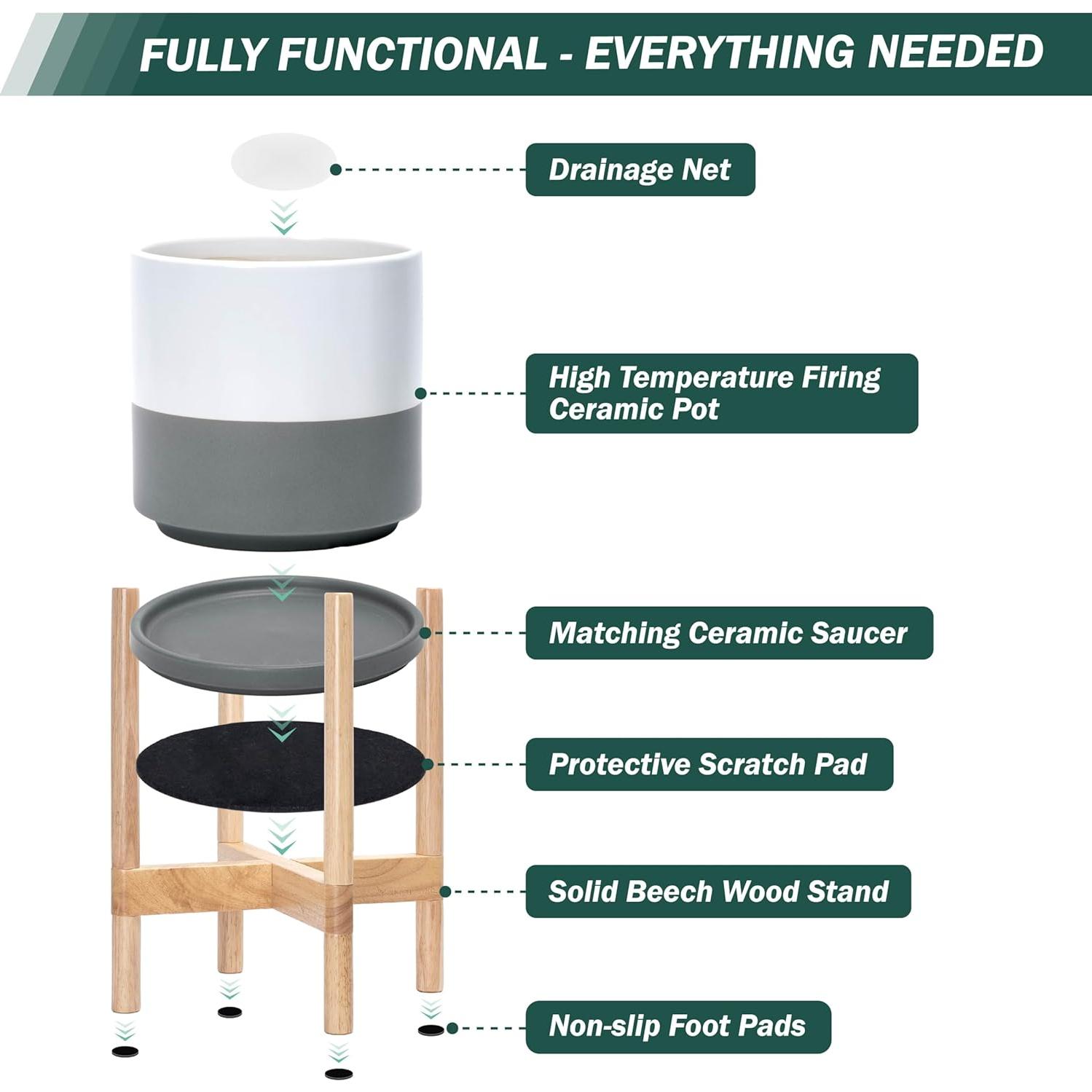 Maceta de Cerámica D'vine Dev 25.4 cm con Soporte Natural