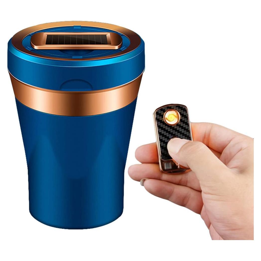 Cenicero de coche Zacxoxsr cerámica azul con encendedor solar