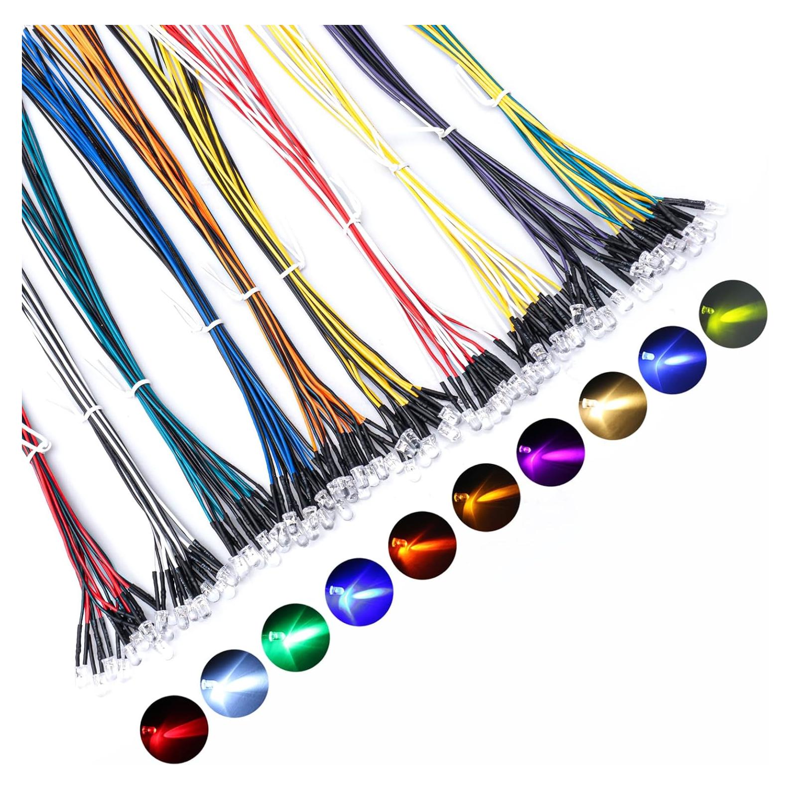 DiCUNO 100 Diodos LED Pre Cableados 12V 5MM 10 Colores 24cm