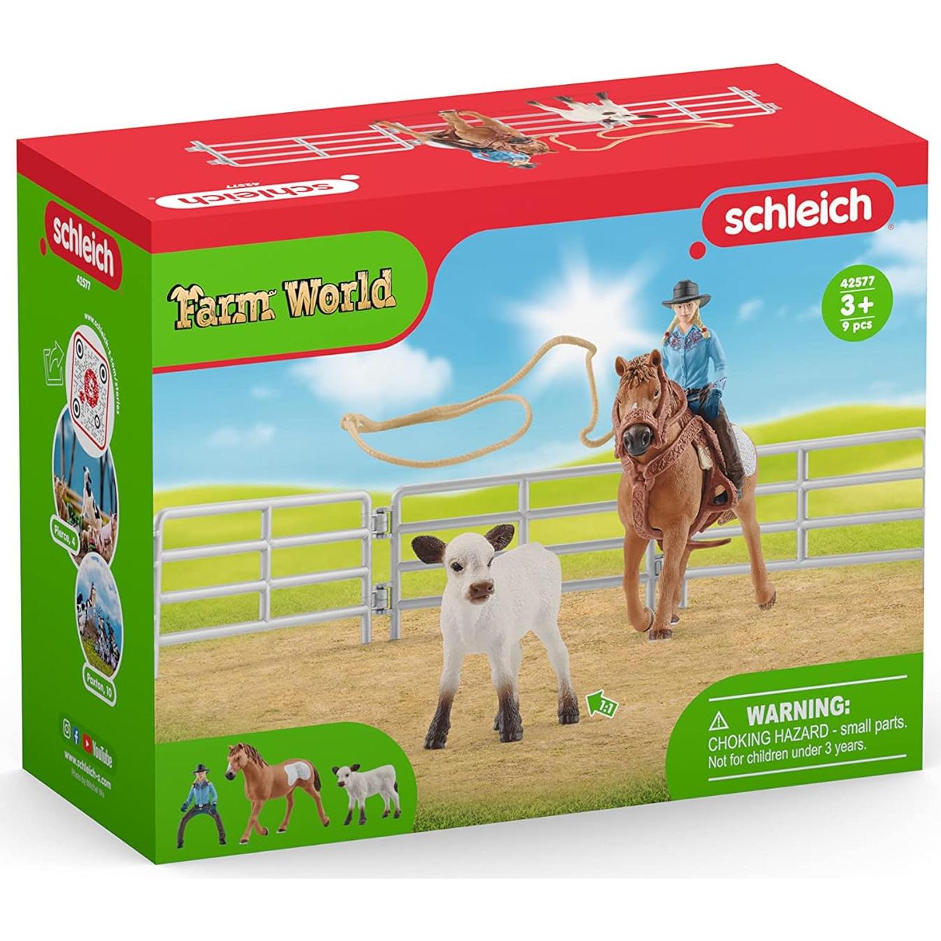 Juego de Rodeo Roping Schleich - Vaquera y Vaca 9 Piezas