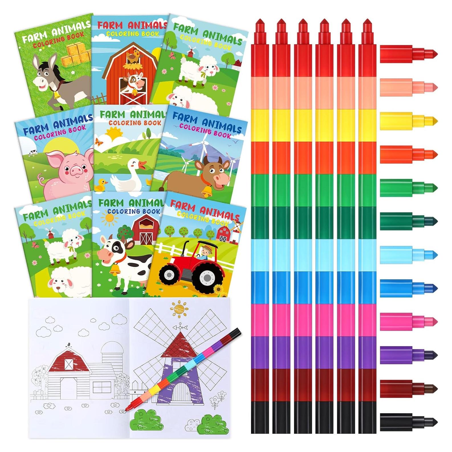24 Libros para Colorear de Granja + Crayones Apilables