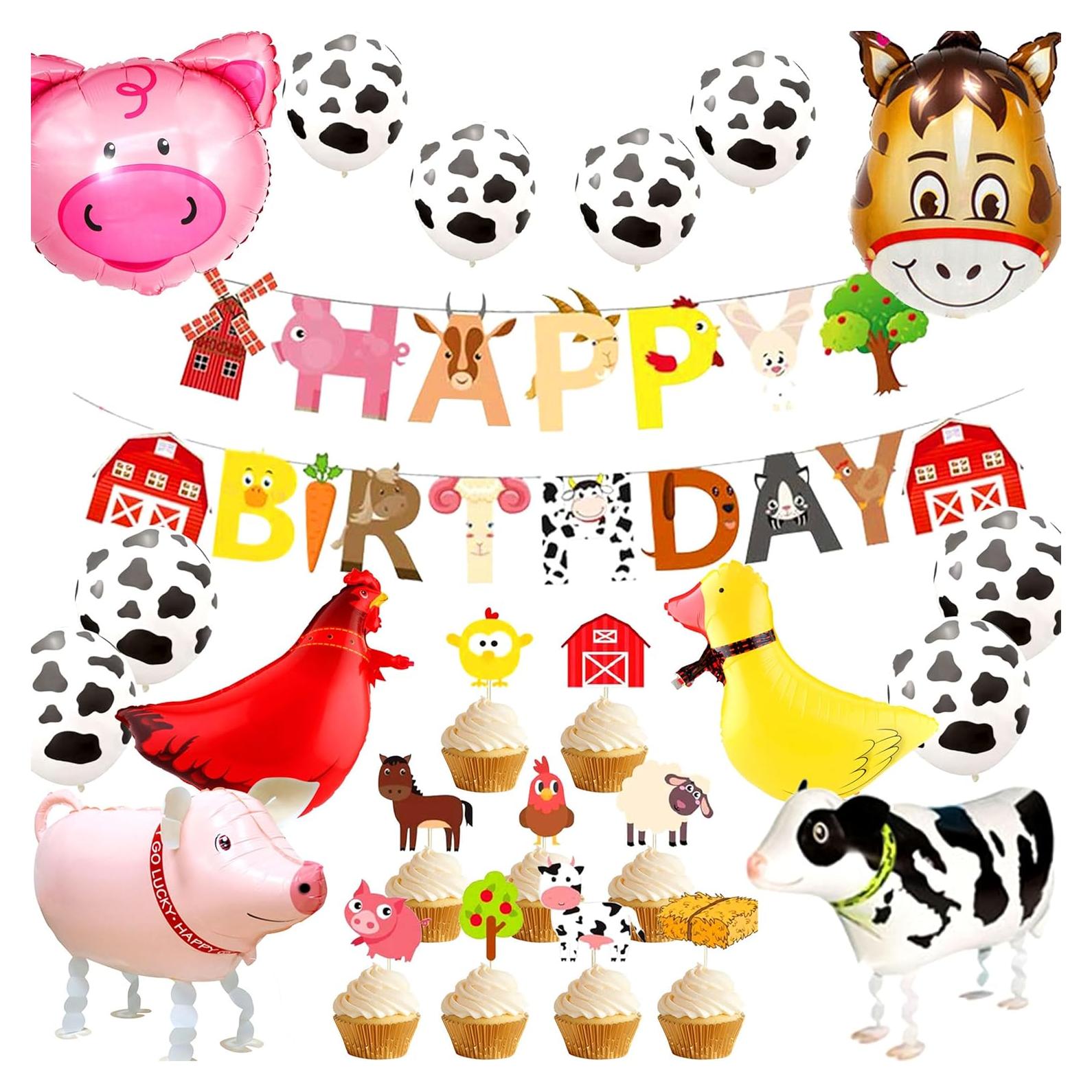 Decoración Cumpleaños Animales Granja JeVenis, Globos y Banner