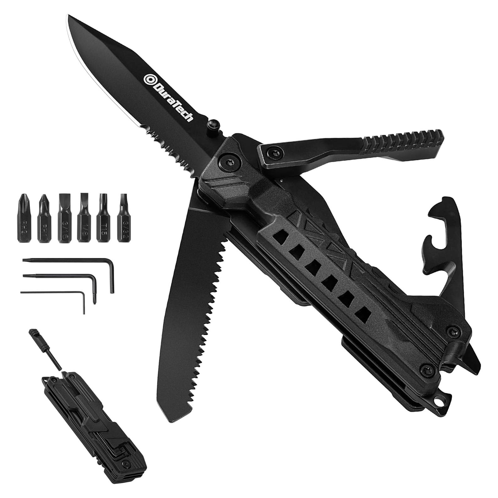 DURATECH 20 in 1 Multitool with Safety Locking, Gift for Men, with Pocket Knife, Screwdriver, Saw, Can Opener, Bottle Opener, Whistle, Fire Starting Sticks, Multi Tool for Outdoor, Hunting, Hiking
