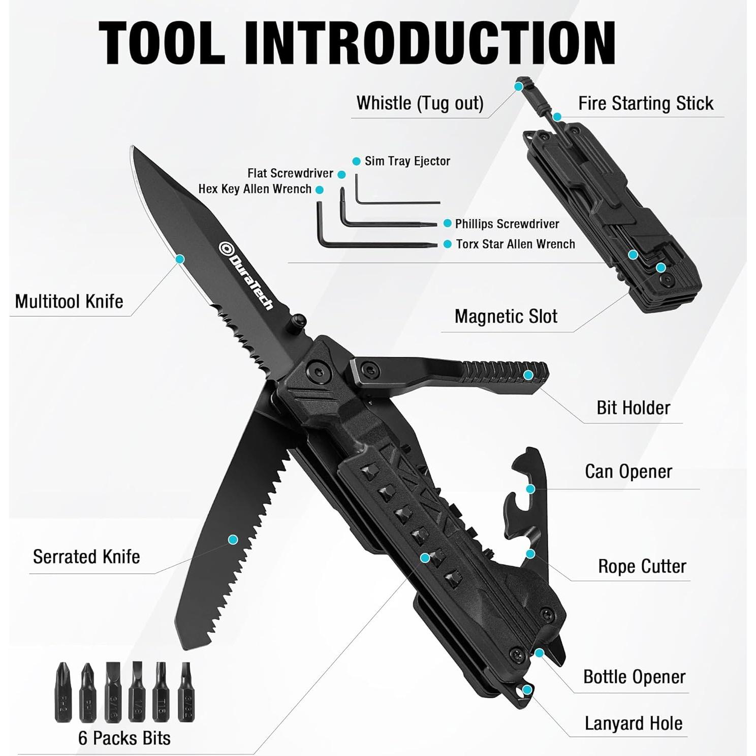 DURATECH 20 in 1 Multitool with Safety Locking, Gift for Men, with Pocket Knife, Screwdriver, Saw, Can Opener, Bottle Opener, Whistle, Fire Starting Sticks, Multi Tool for Outdoor, Hunting, Hiking