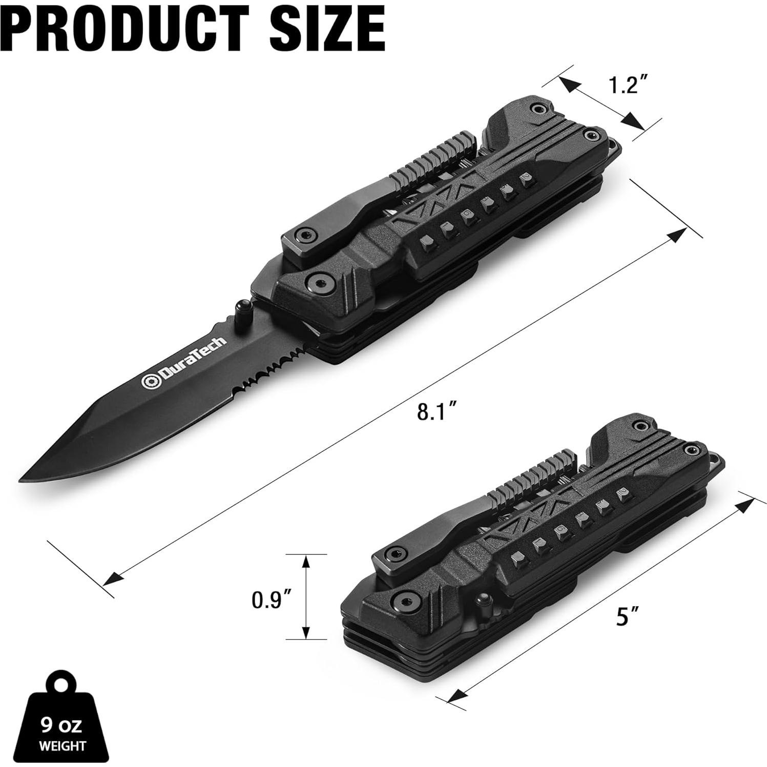 DURATECH 20 in 1 Multitool with Safety Locking, Gift for Men, with Pocket Knife, Screwdriver, Saw, Can Opener, Bottle Opener, Whistle, Fire Starting Sticks, Multi Tool for Outdoor, Hunting, Hiking