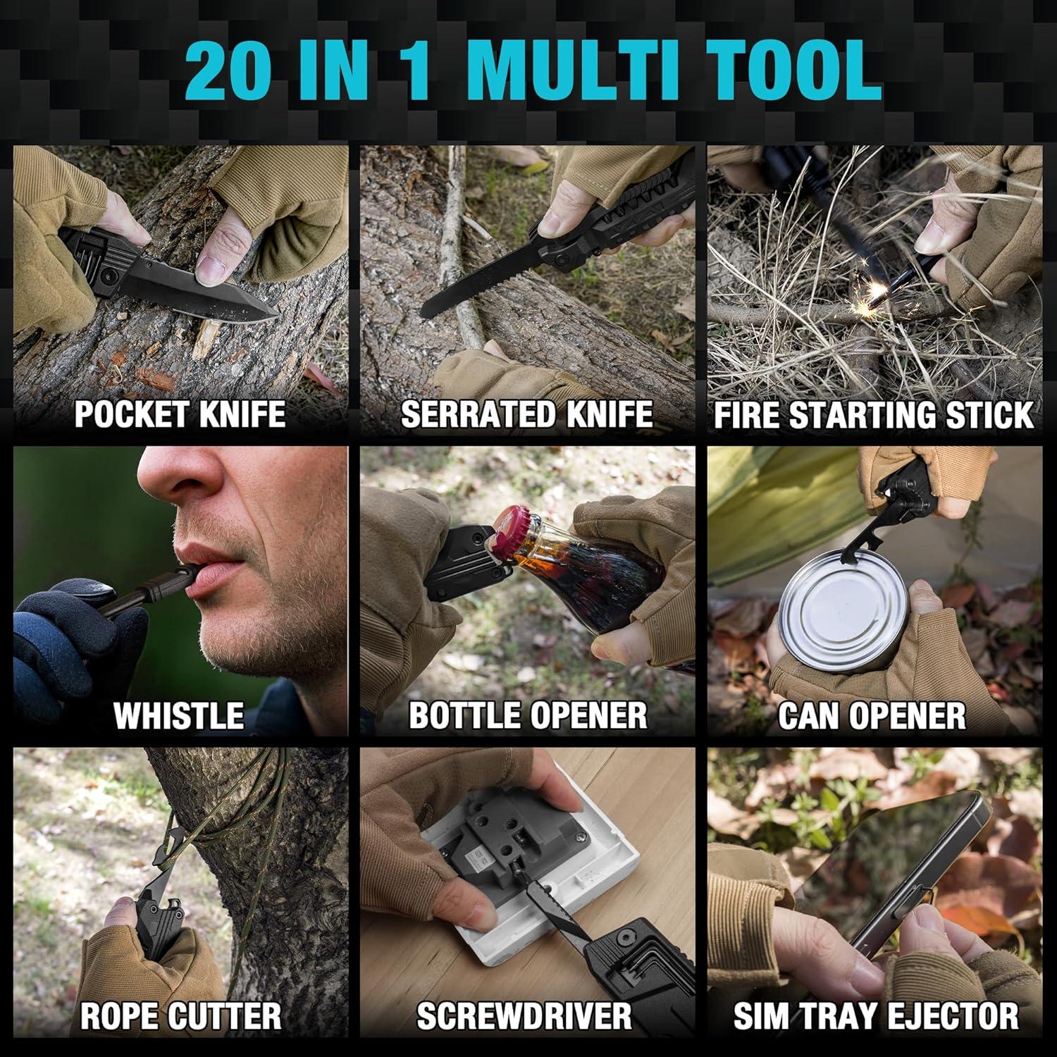 DURATECH 20 in 1 Multitool with Safety Locking, Gift for Men, with Pocket Knife, Screwdriver, Saw, Can Opener, Bottle Opener, Whistle, Fire Starting Sticks, Multi Tool for Outdoor, Hunting, Hiking
