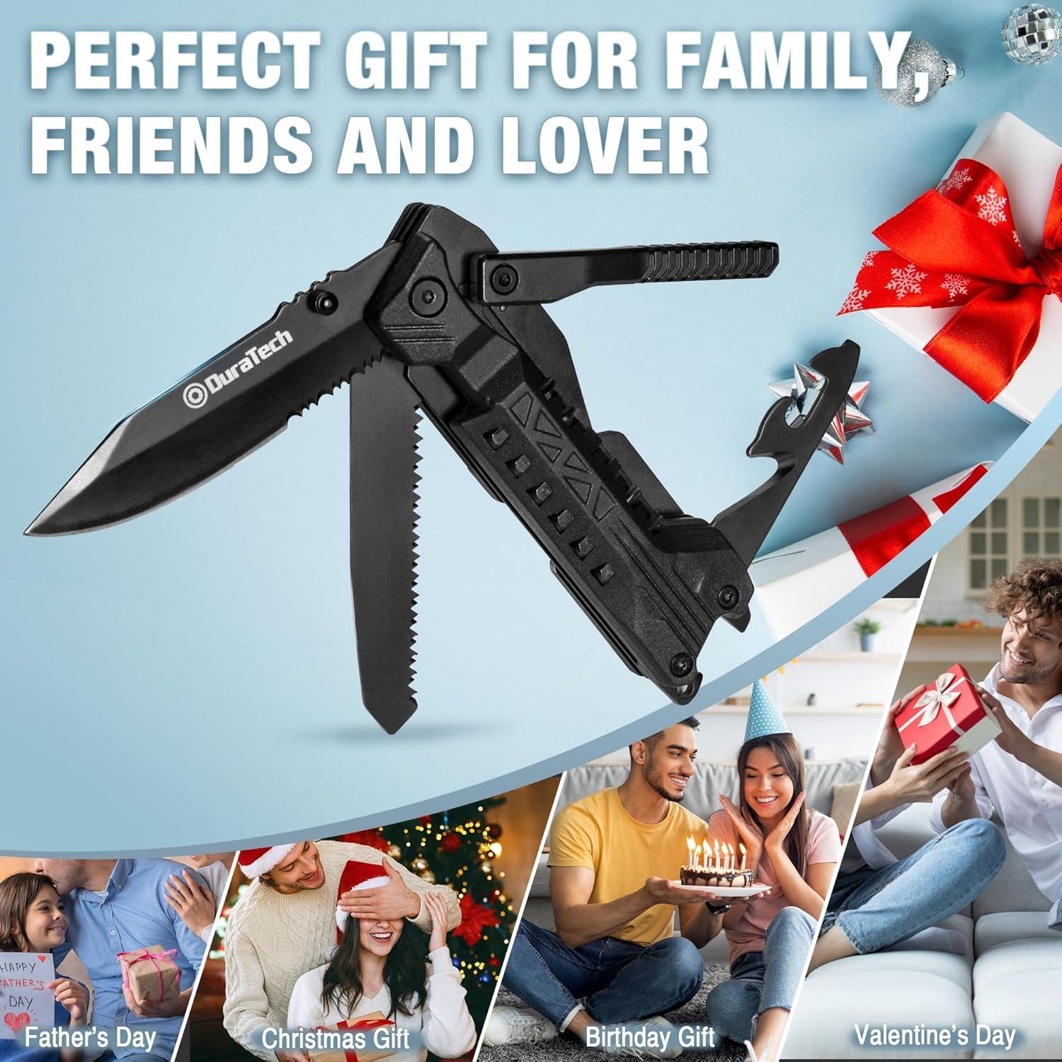 DURATECH 20 in 1 Multitool with Safety Locking, Gift for Men, with Pocket Knife, Screwdriver, Saw, Can Opener, Bottle Opener, Whistle, Fire Starting Sticks, Multi Tool for Outdoor, Hunting, Hiking