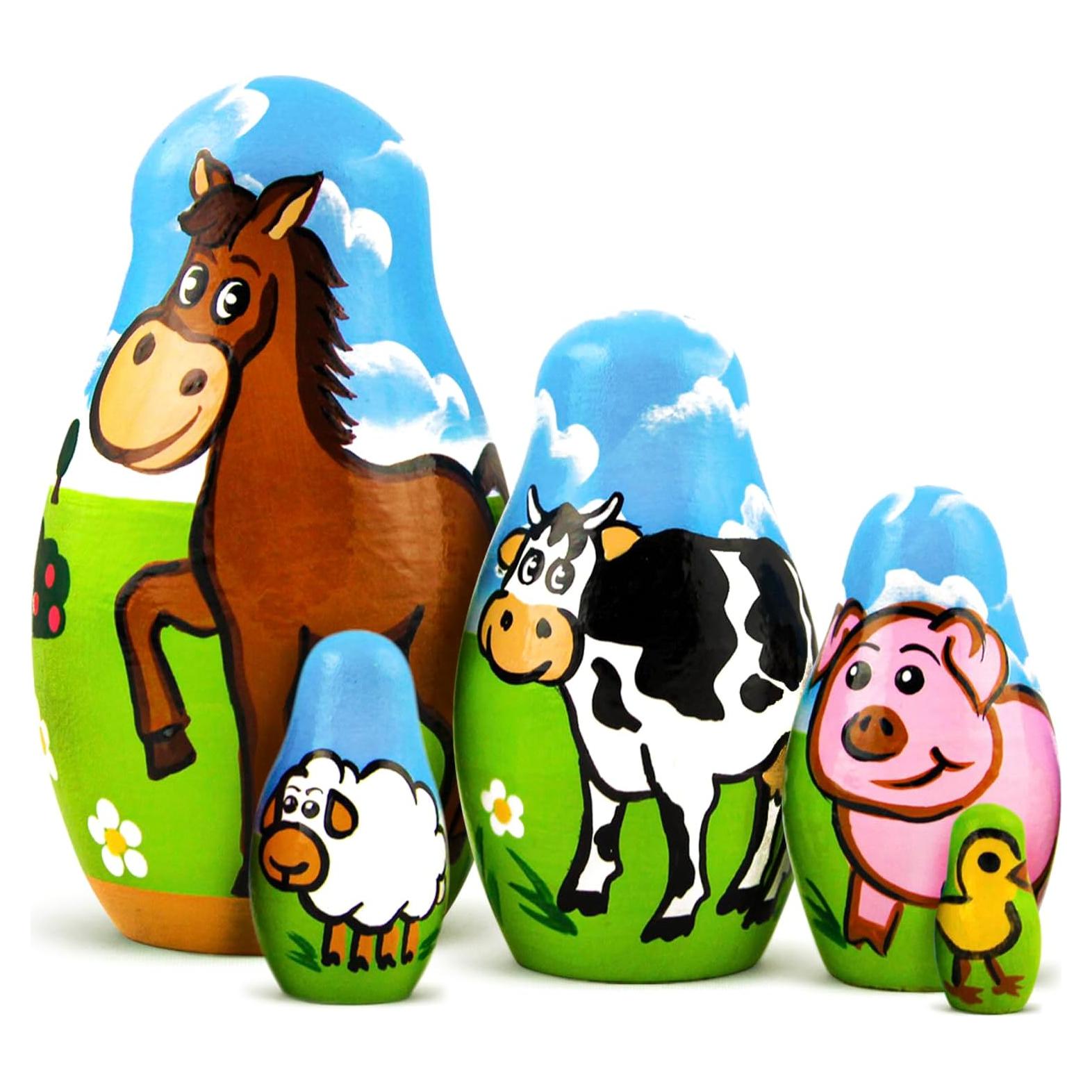 AEVVV Farm Animals Set 5 Pcs Wood Nesting Dolls - Pet Figurine Set Wooden Matryoshka