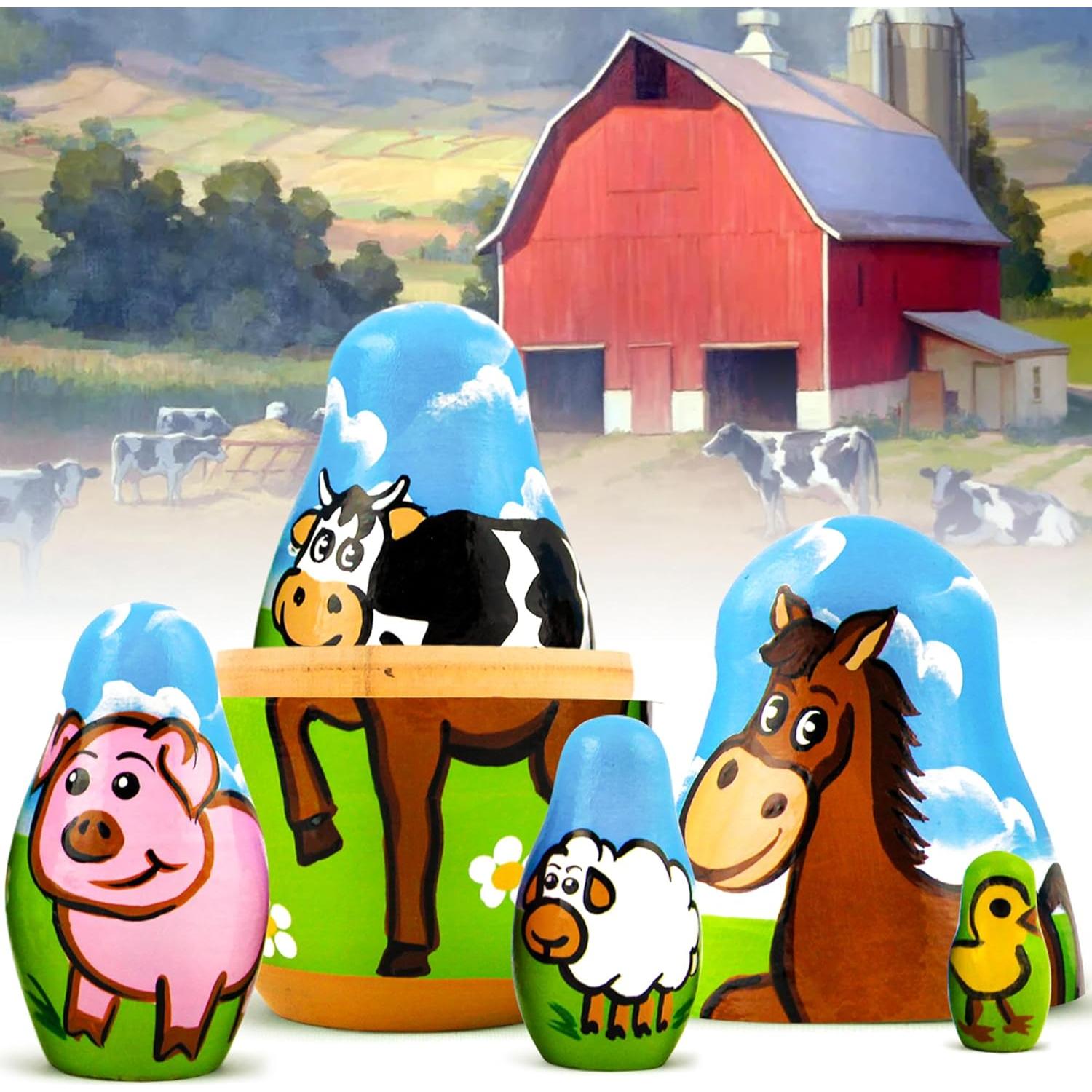 AEVVV Farm Animals Set 5 Pcs Wood Nesting Dolls - Pet Figurine Set Wooden Matryoshka