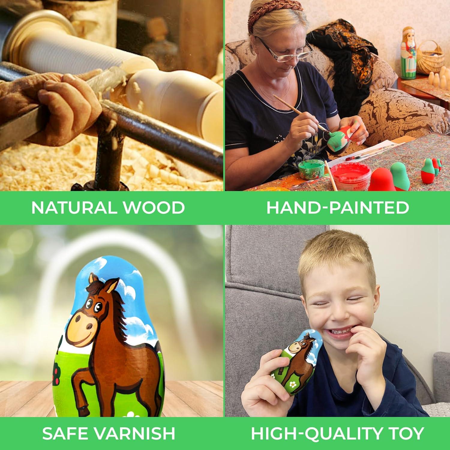 AEVVV Farm Animals Set 5 Pcs Wood Nesting Dolls - Pet Figurine Set Wooden Matryoshka