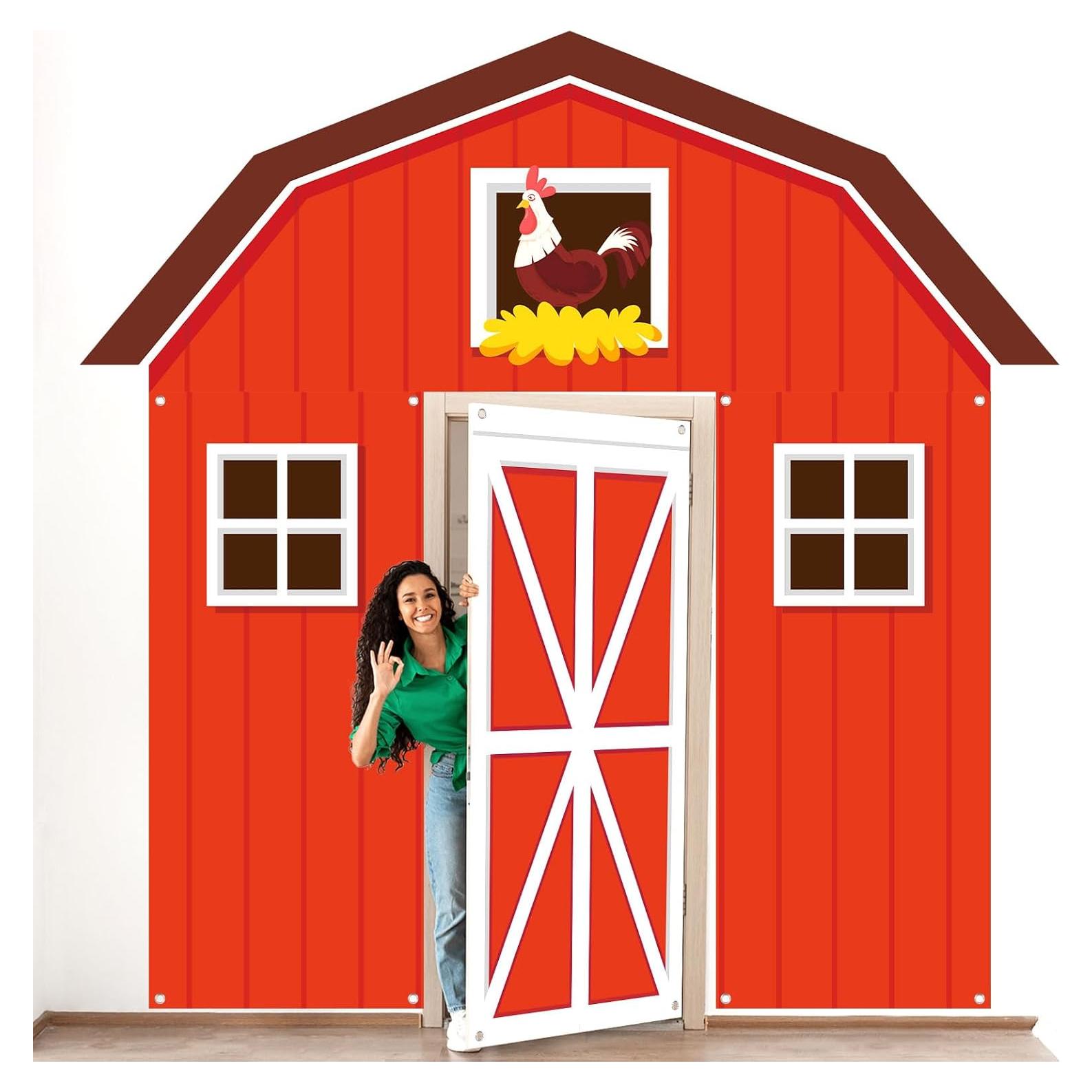 4Pcs Farm Animal Party Porch Banner Farm Birthday Party Decoration Barn Door Cover Hanging Banner Barnyard Awning Backdrop for Animal Birthday Photo Booth Props Supplies