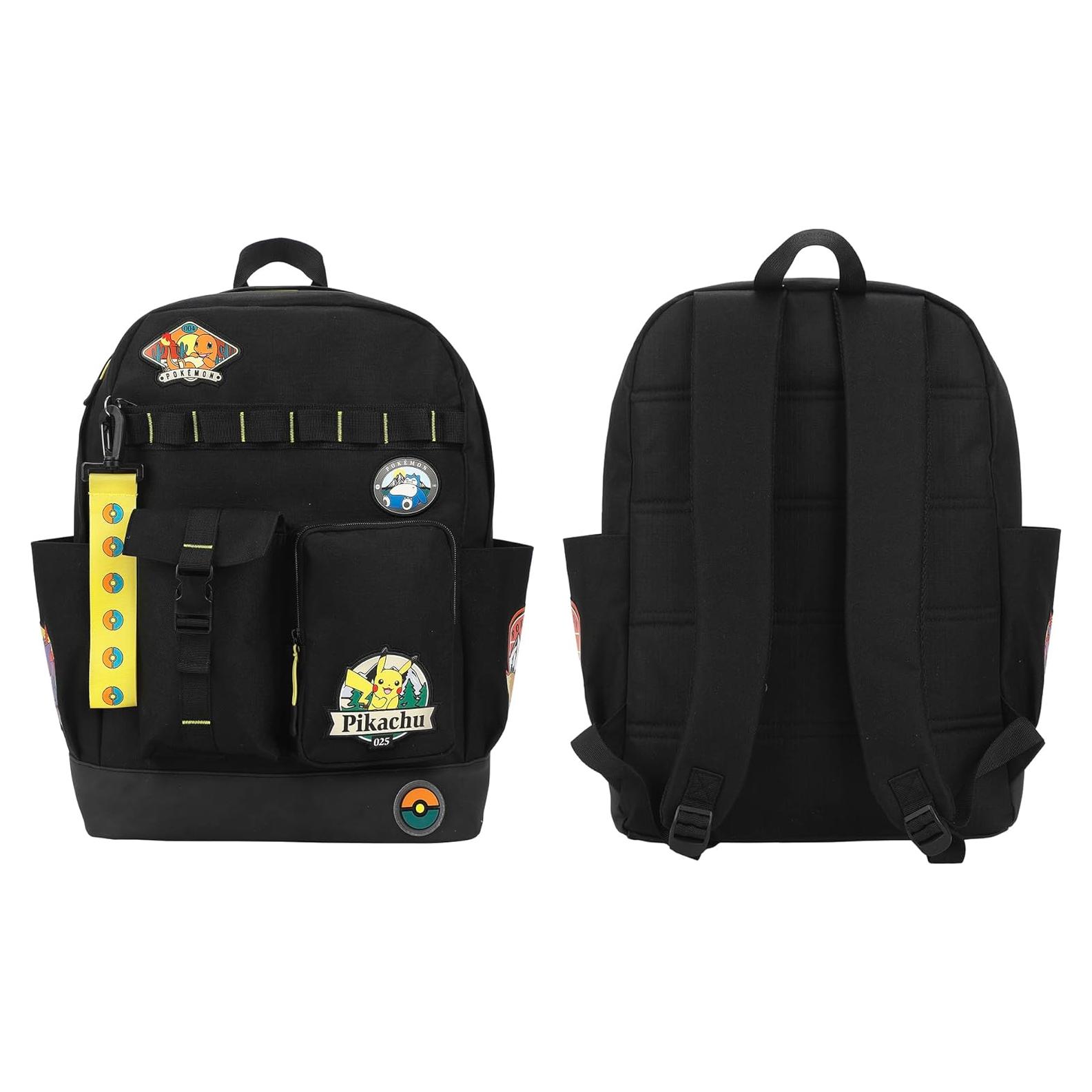 Mochila Negra Pokémon 19" con Parches de Pikachu y Amigos