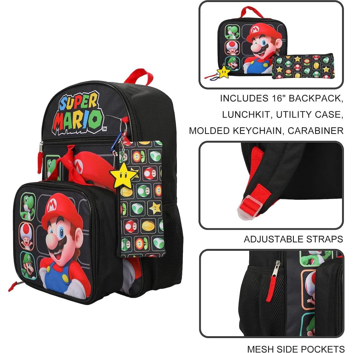 Conjunto Mochila Super Mario Bros 5 Piezas 40.64 cm